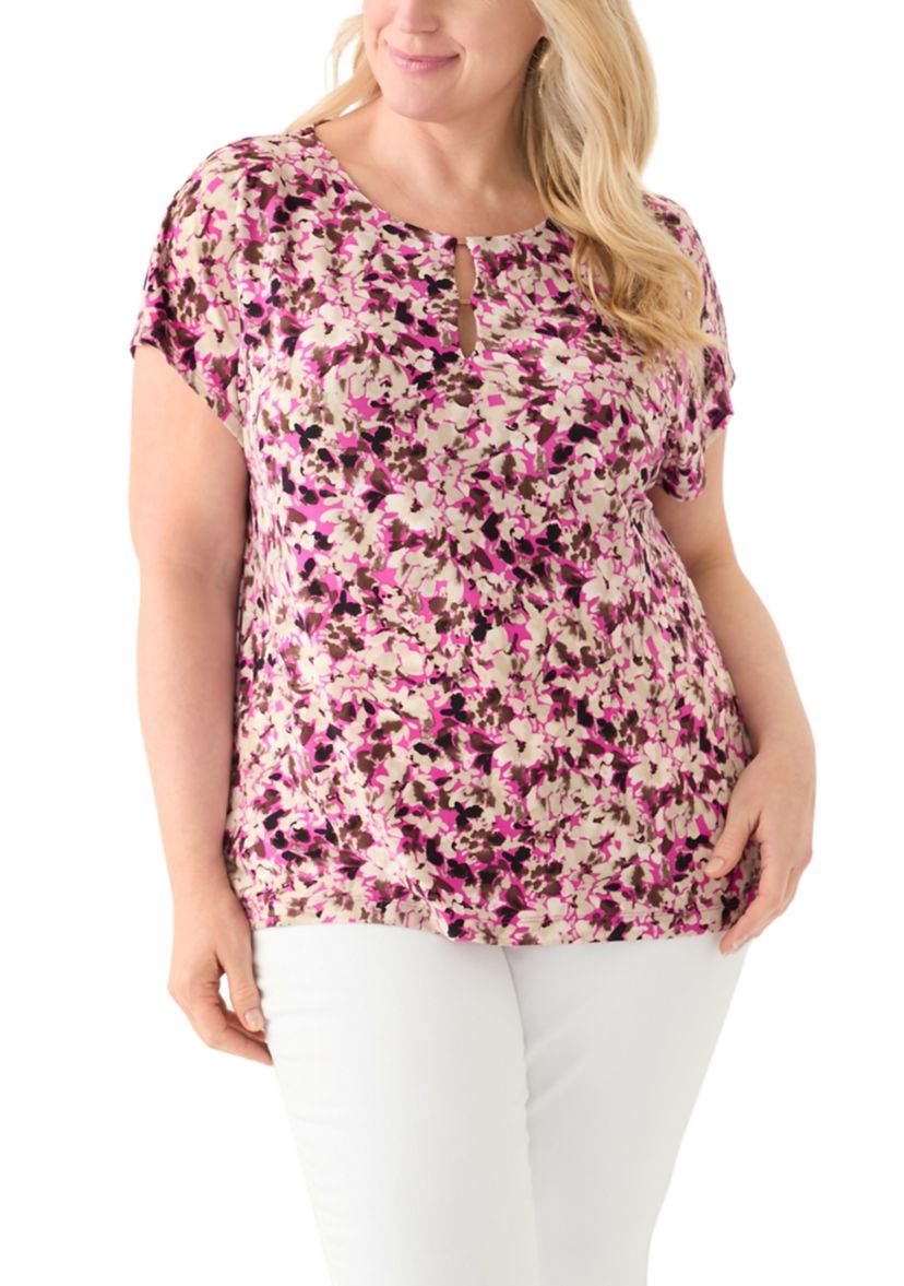 Womens Printed Extended Shoulder Double Trim Top 
