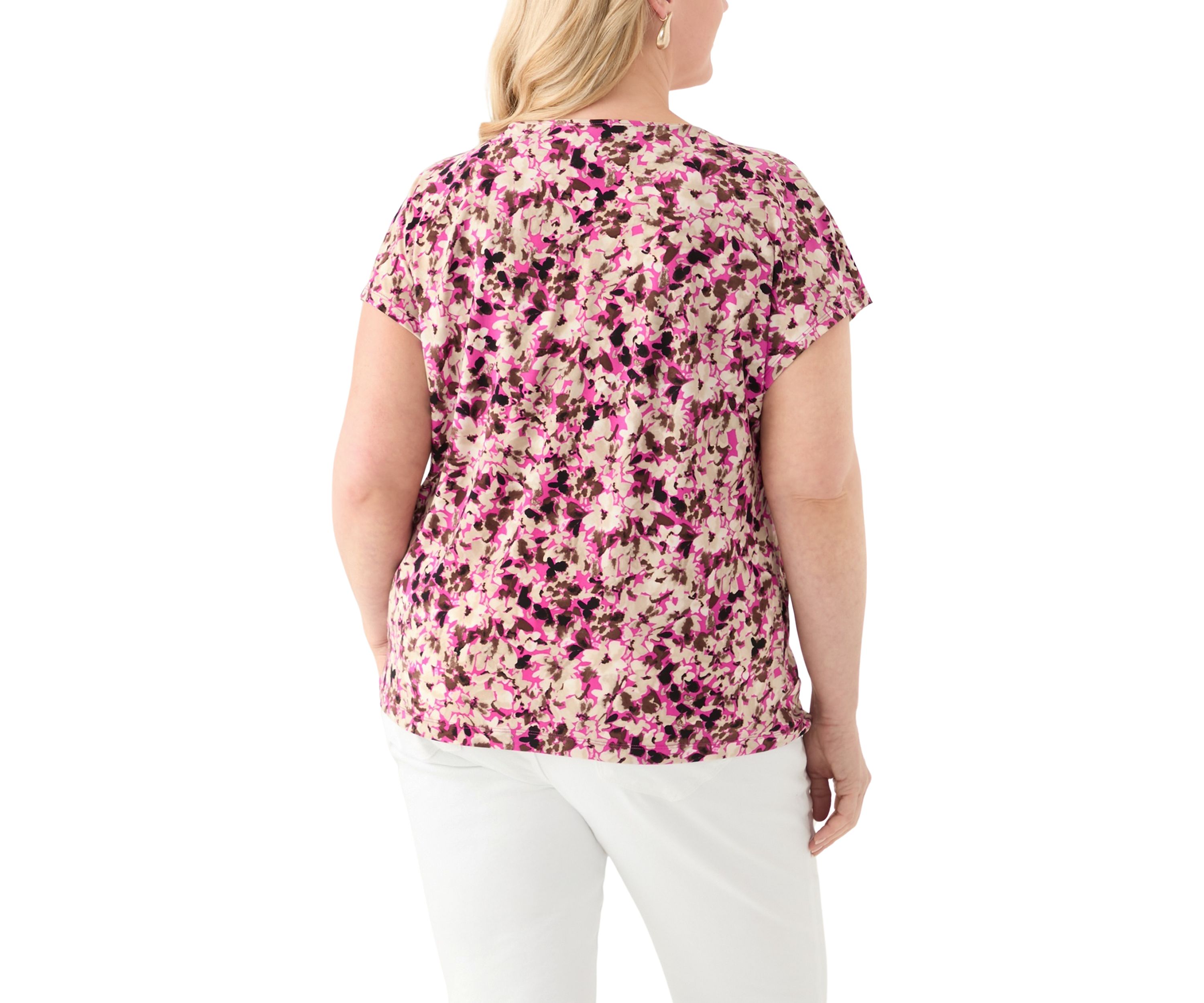 Womens Printed Extended Shoulder Double Trim Top 