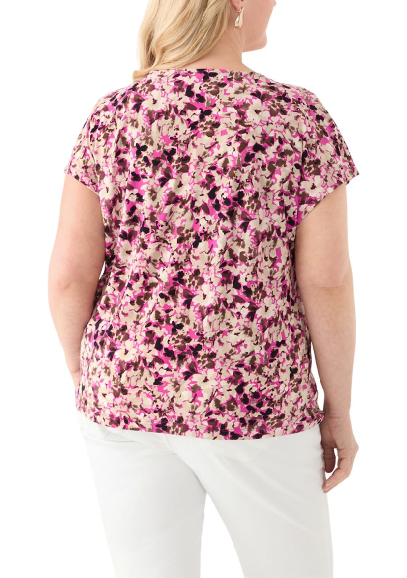 Womens Printed Extended Shoulder Double Trim Top 