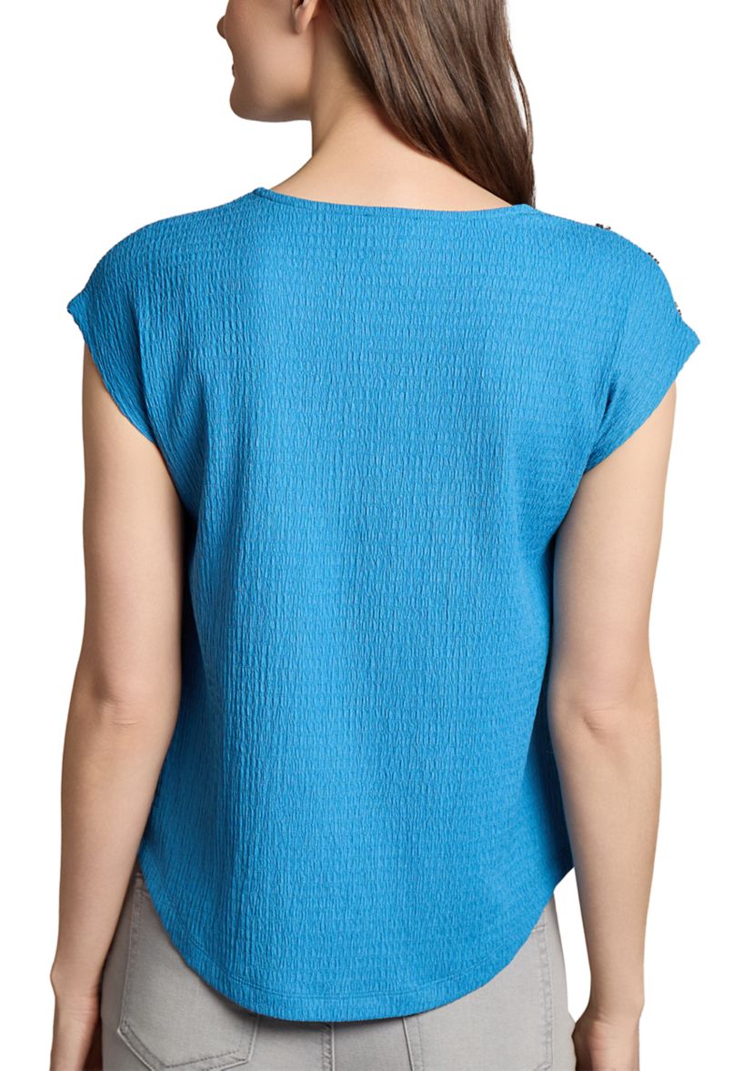Womens Cap Sleeve Crinkle Knit Top