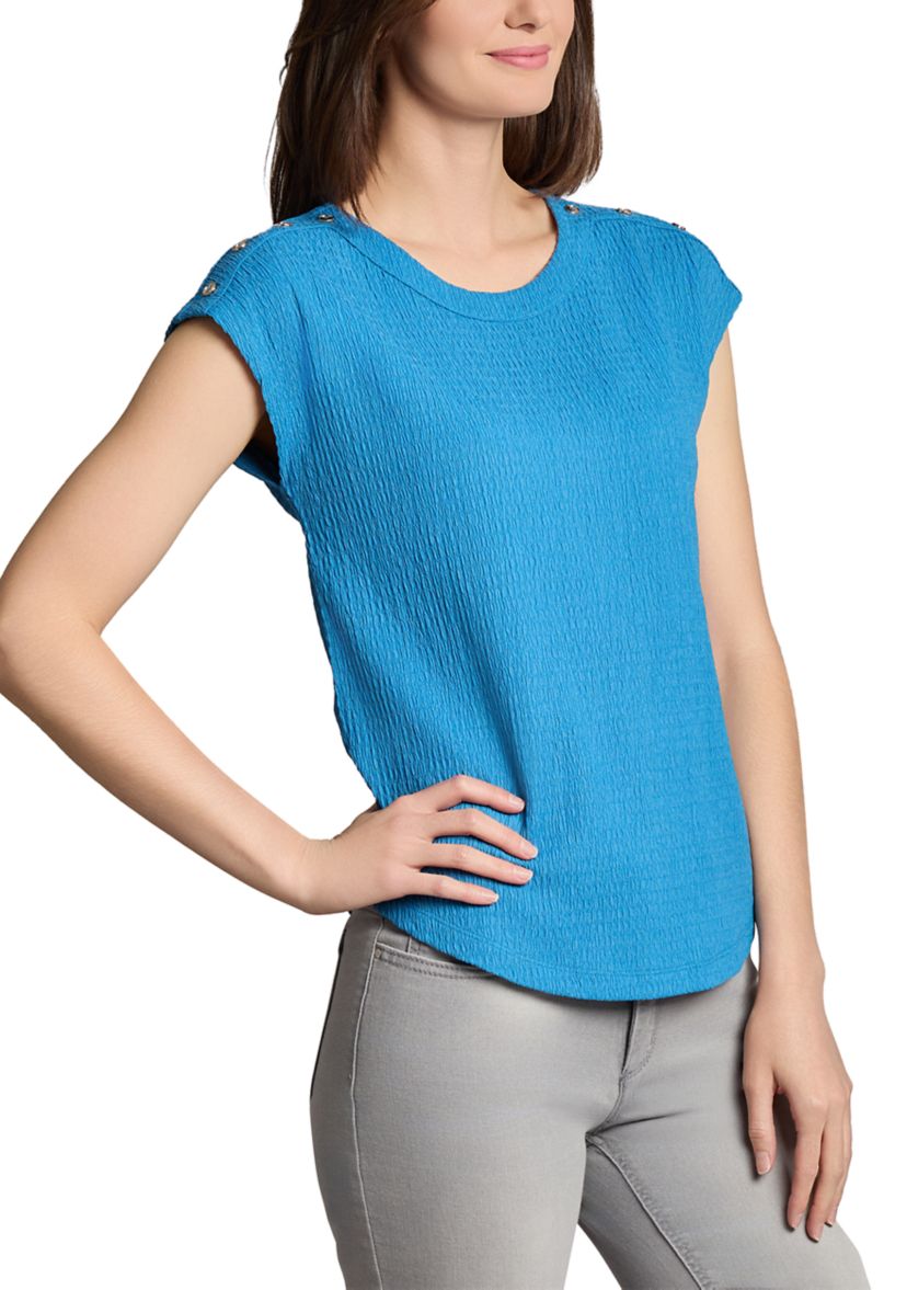 Womens Cap Sleeve Crinkle Knit Top