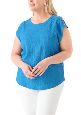 JONES NEW YORK Women's Plus Size Short Sleeve Crinkle Knit T-Shirt, Blue, 3X