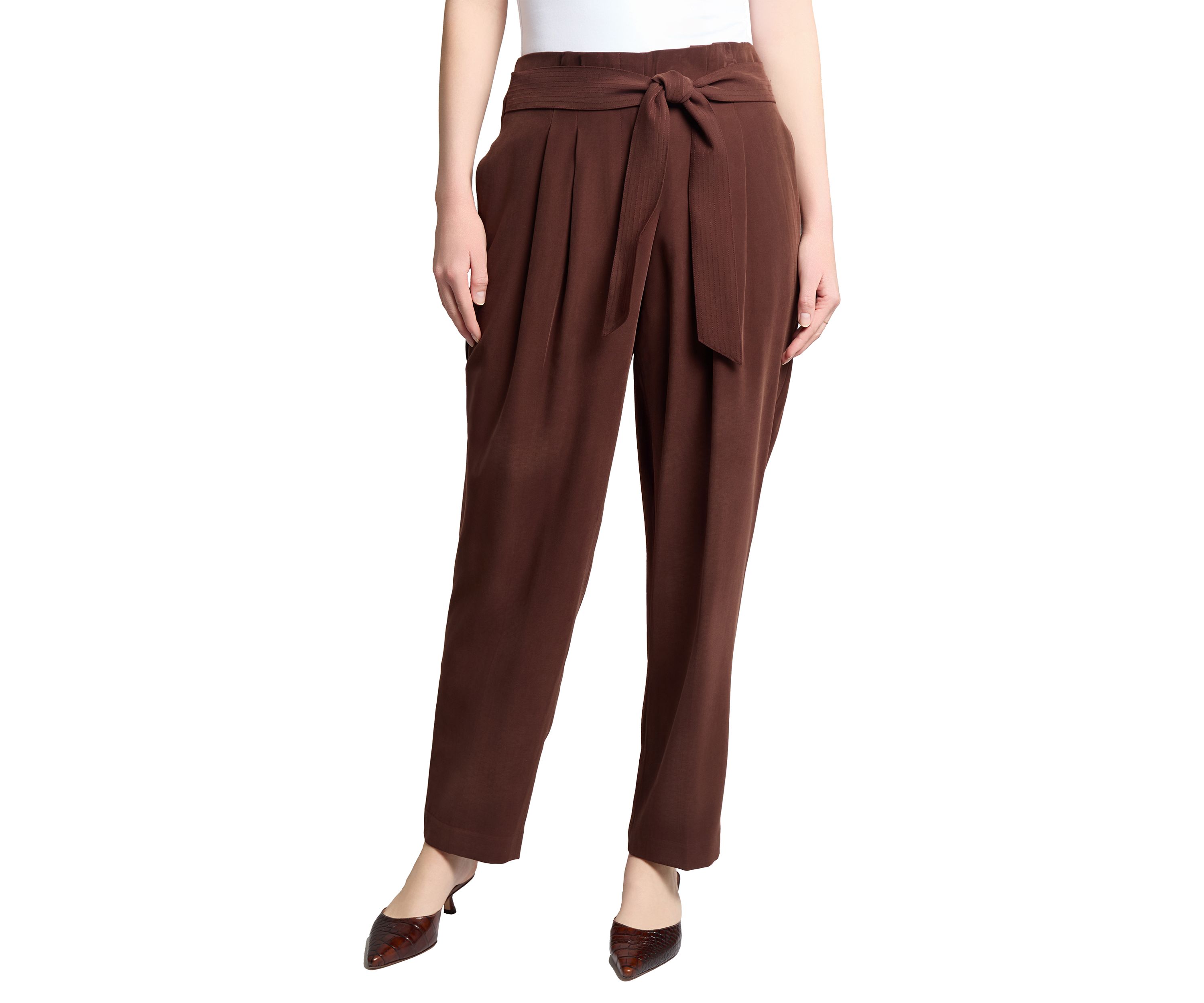 Womens Fly Front Belted Paperbag Waist Straight Leg Pants