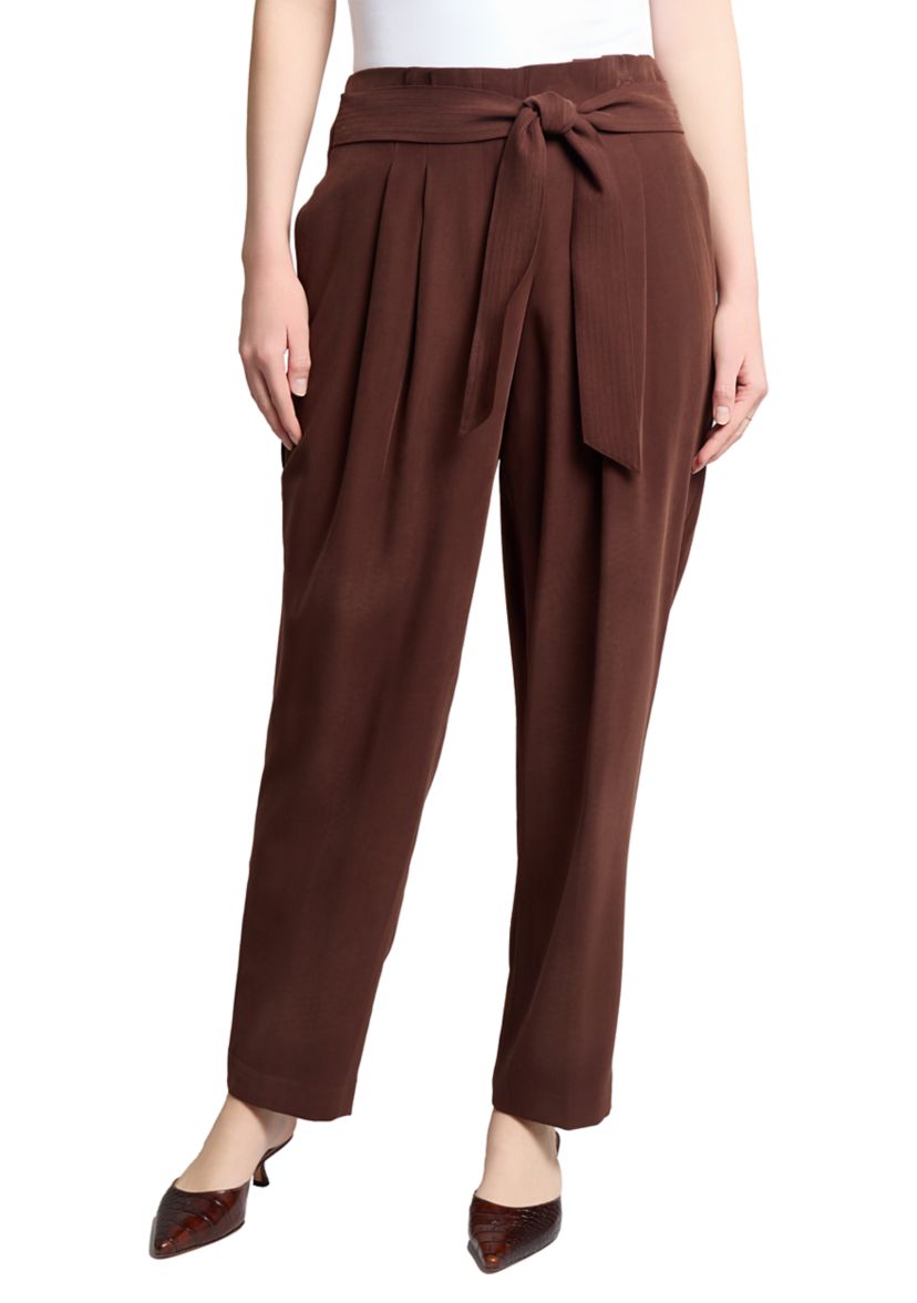 Womens Fly Front Belted Paperbag Waist Straight Leg Pants