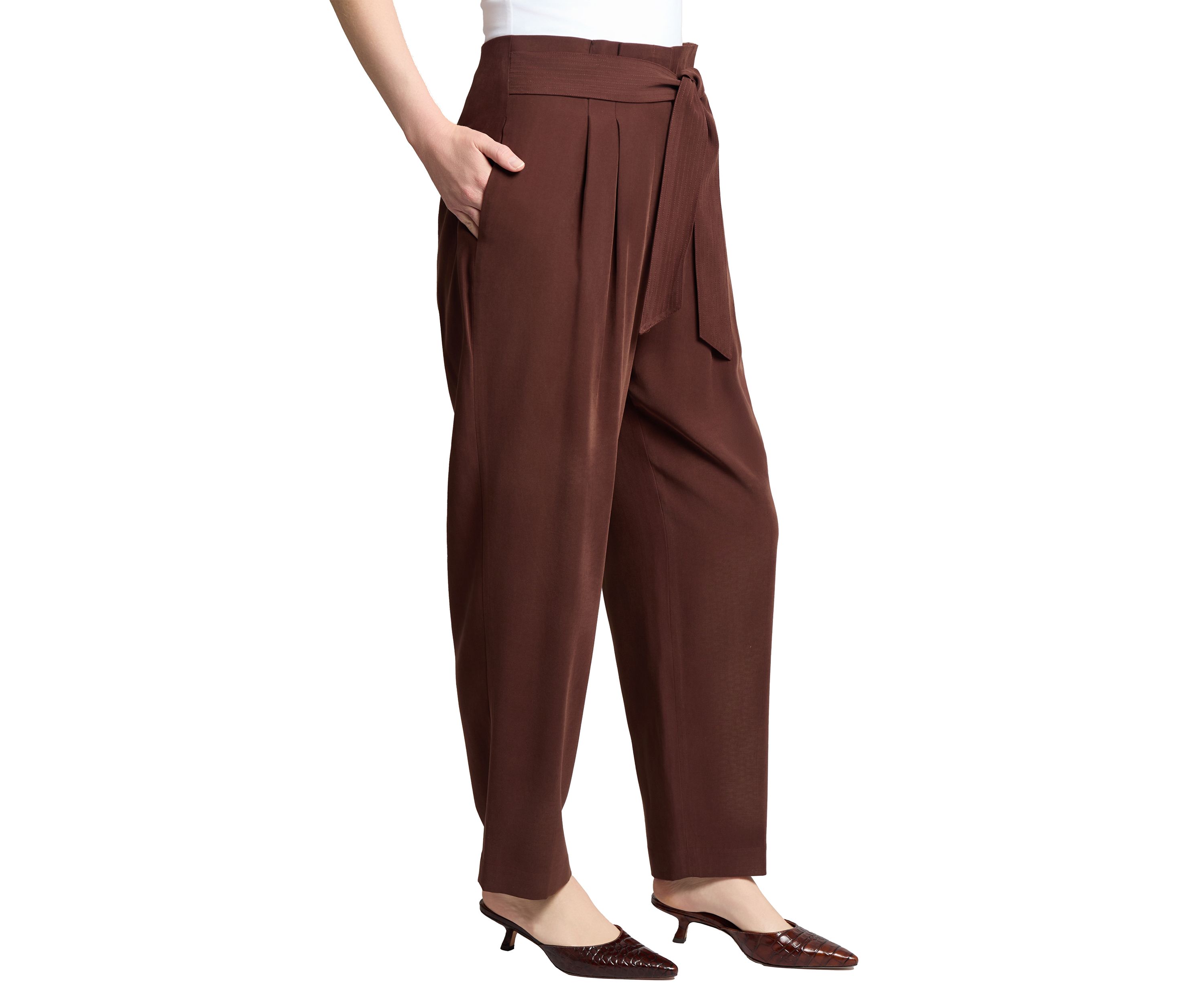 Womens Fly Front Belted Paperbag Waist Straight Leg Pants