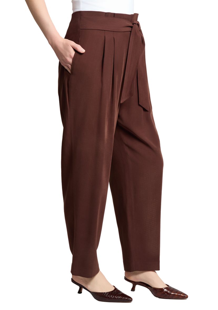 Womens Fly Front Belted Paperbag Waist Straight Leg Pants