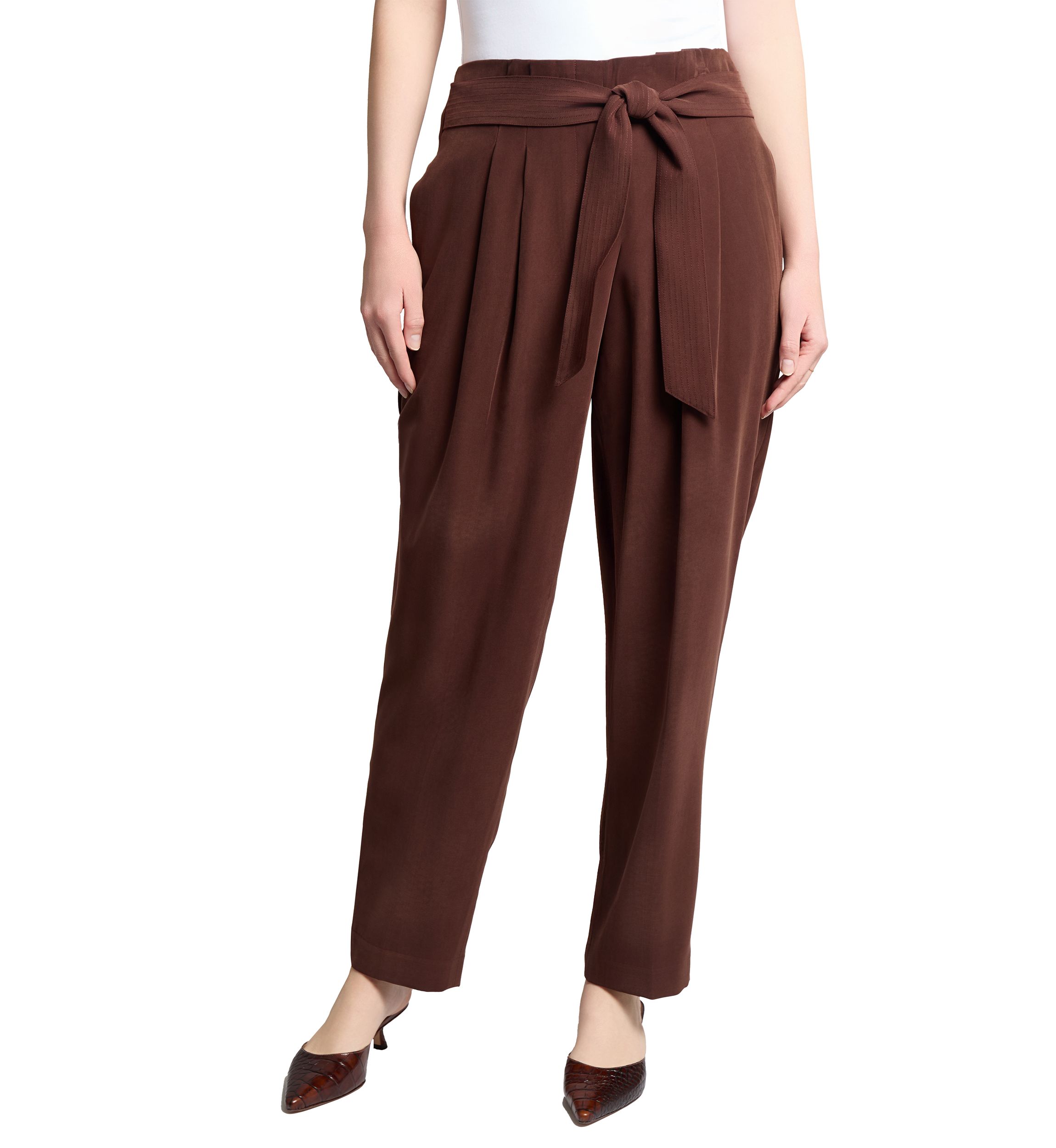 Petite Fly Front Belted Paperbag Waist Straight Leg Pants
