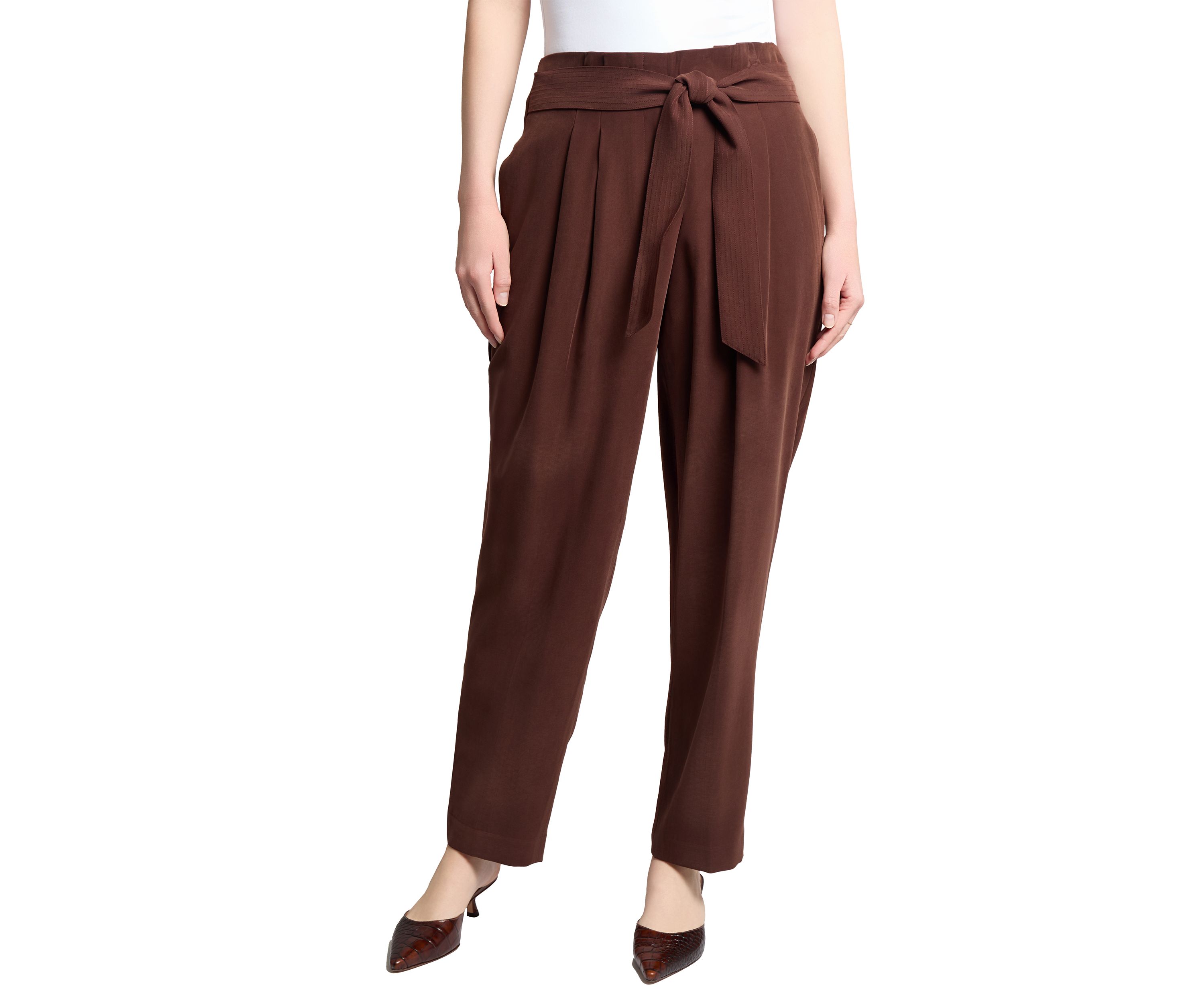 Petite Fly Front Belted Paperbag Waist Straight Leg Pants