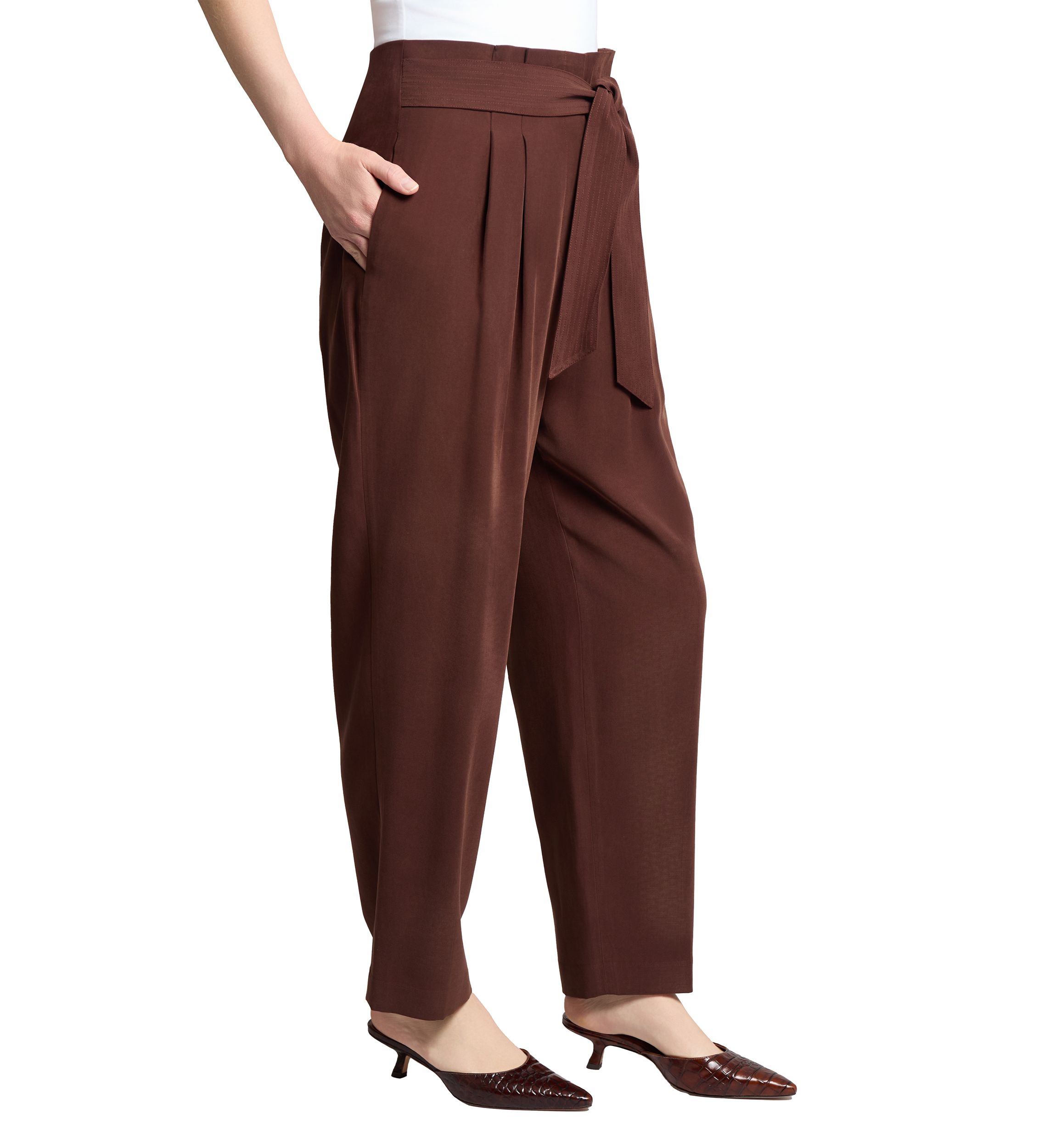 Petite Fly Front Belted Paperbag Waist Straight Leg Pants