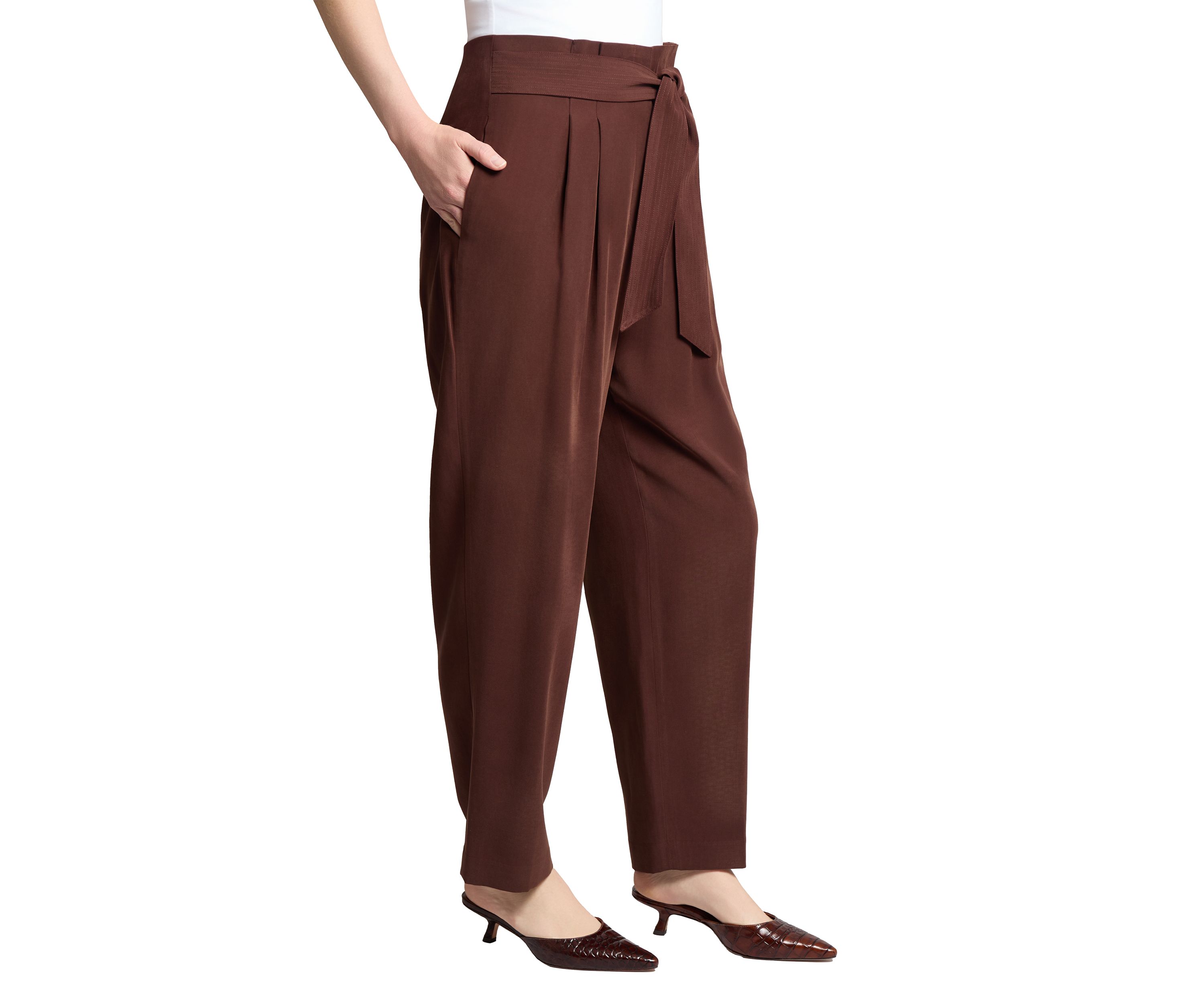 Petite Fly Front Belted Paperbag Waist Straight Leg Pants