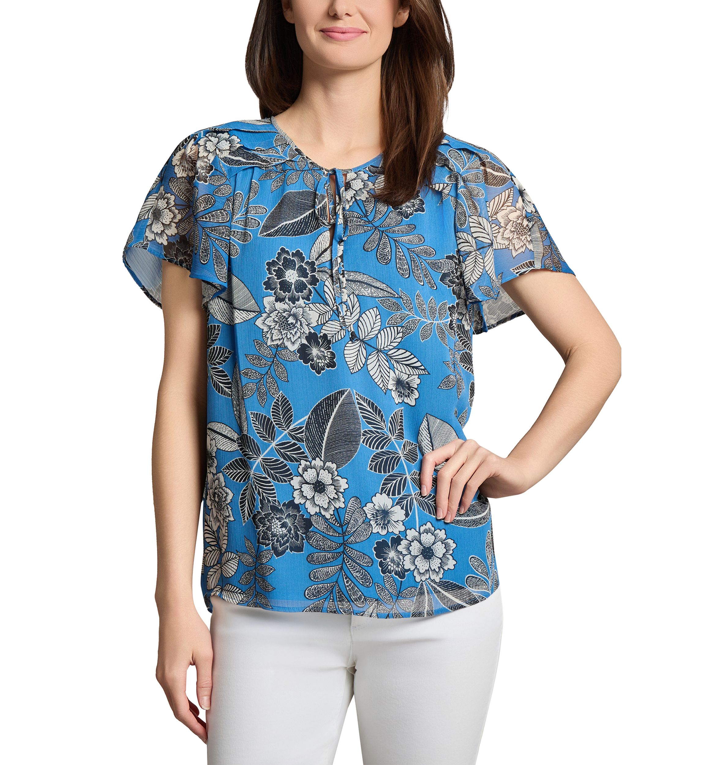 Petite Popover Shirred Neck Printed Blouse