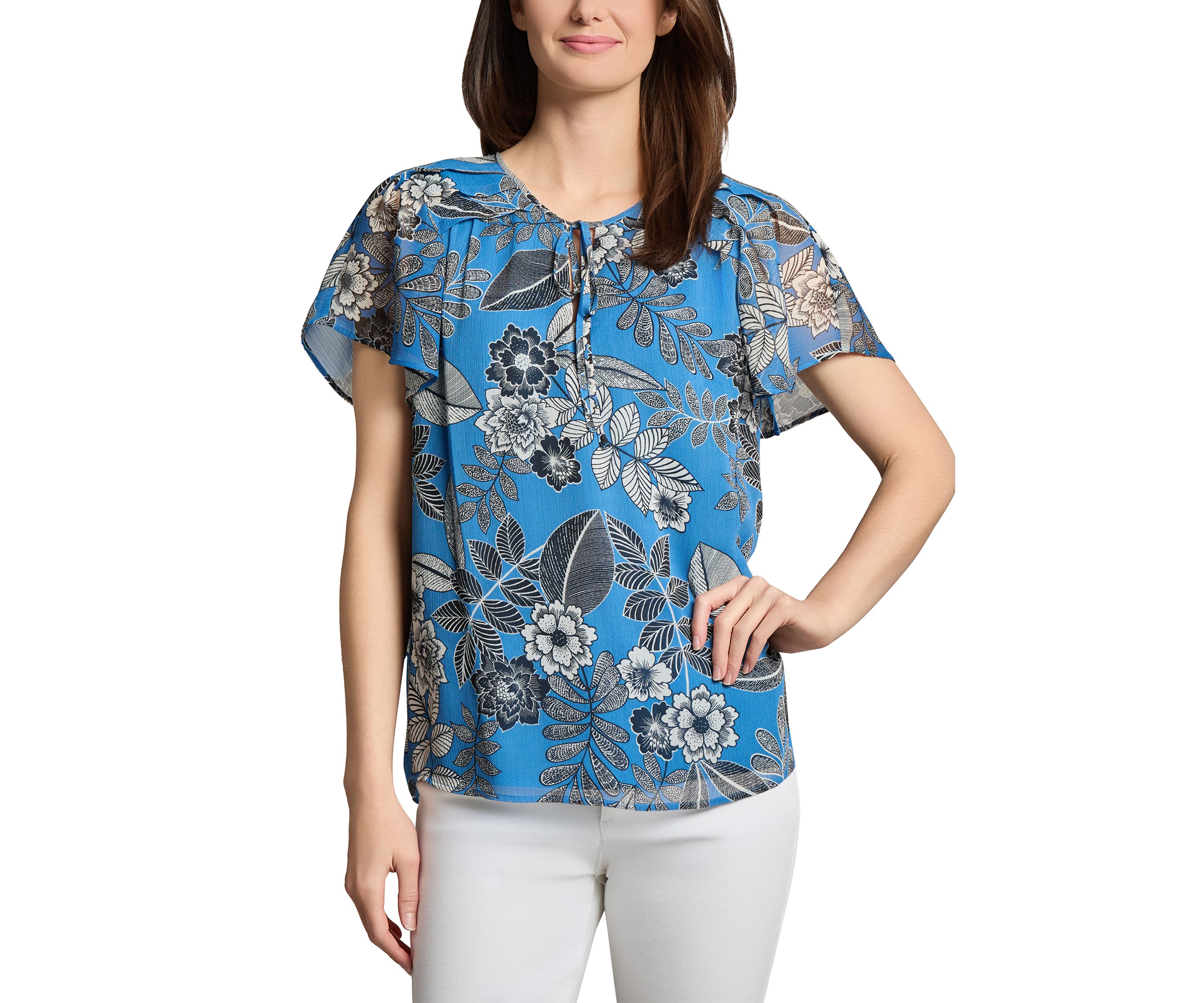 Petite Popover Shirred Neck Printed Blouse