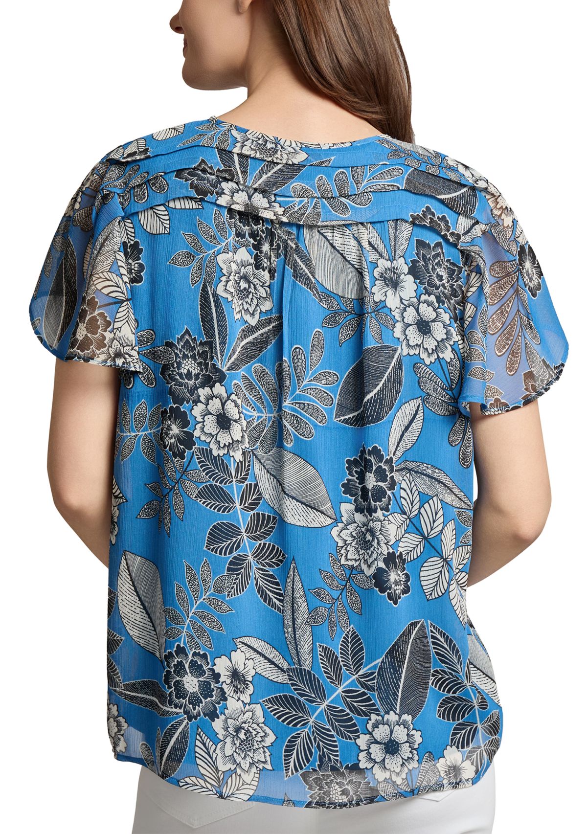 Petite Popover Shirred Neck Printed Blouse