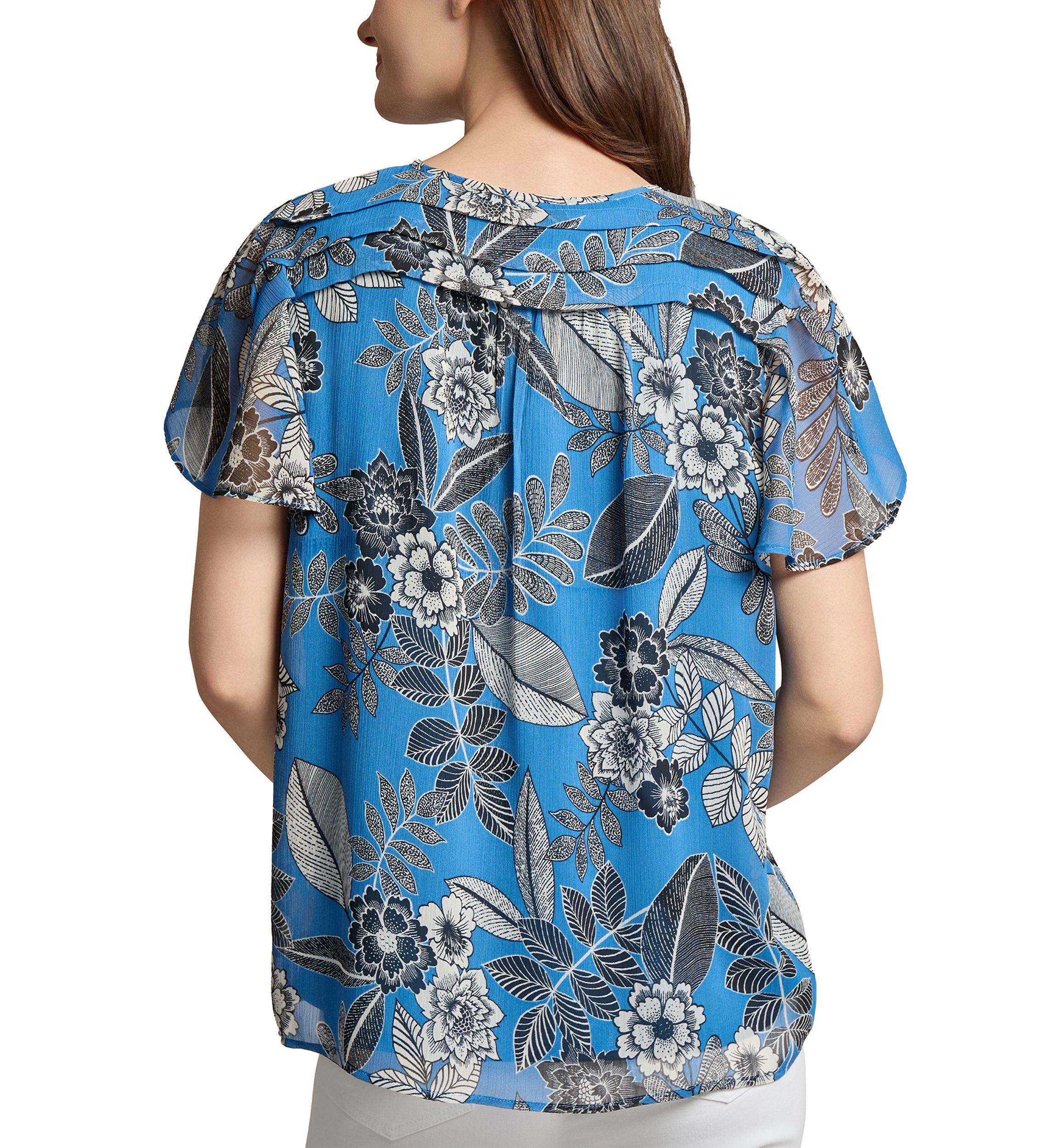 Petite Popover Shirred Neck Printed Blouse