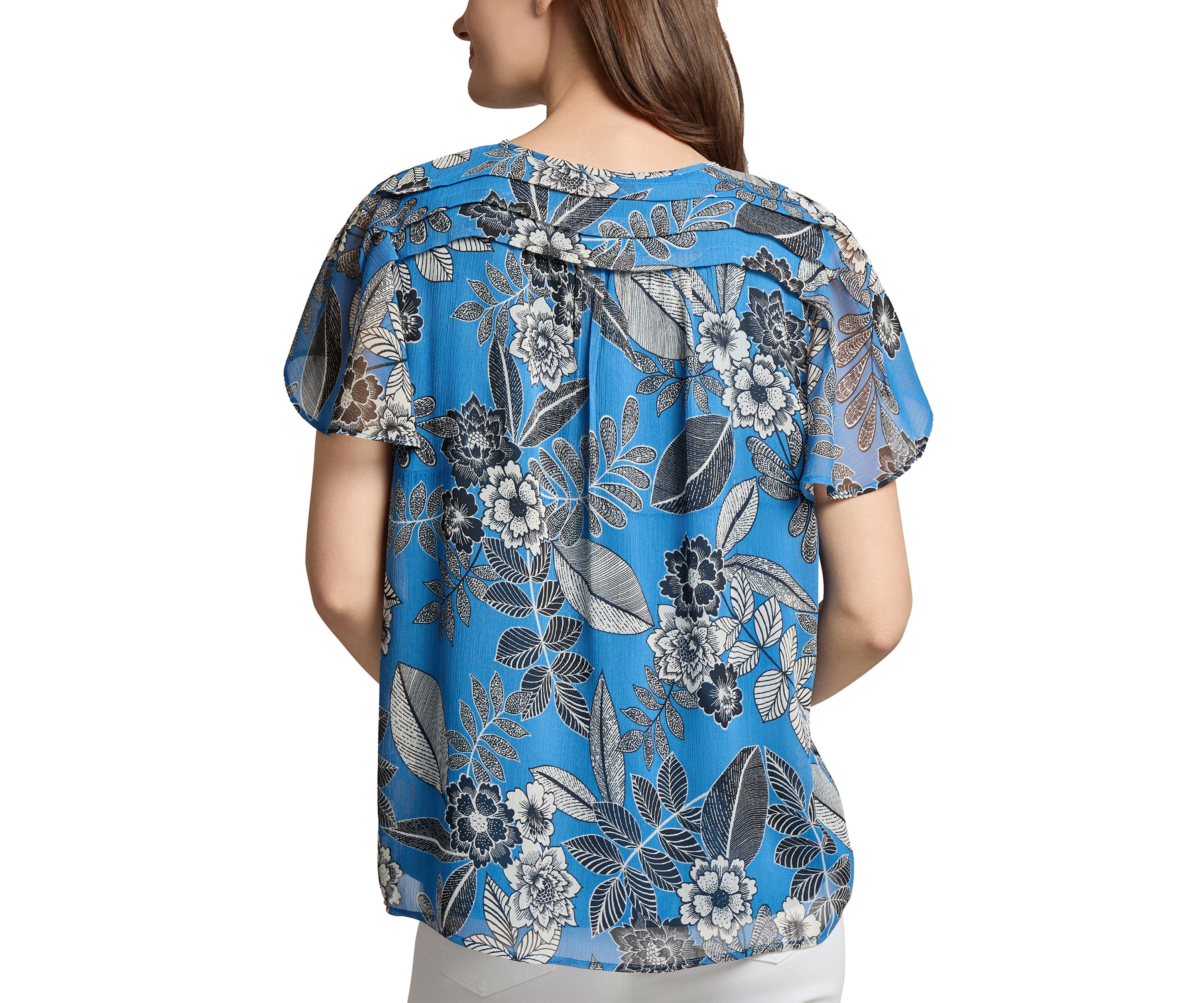 Petite Popover Shirred Neck Printed Blouse