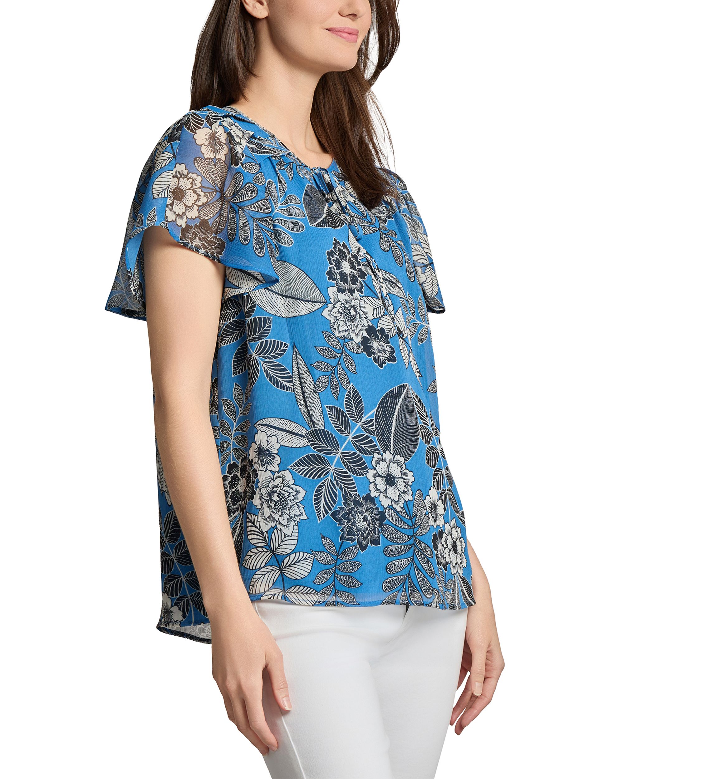 Petite Popover Shirred Neck Printed Blouse