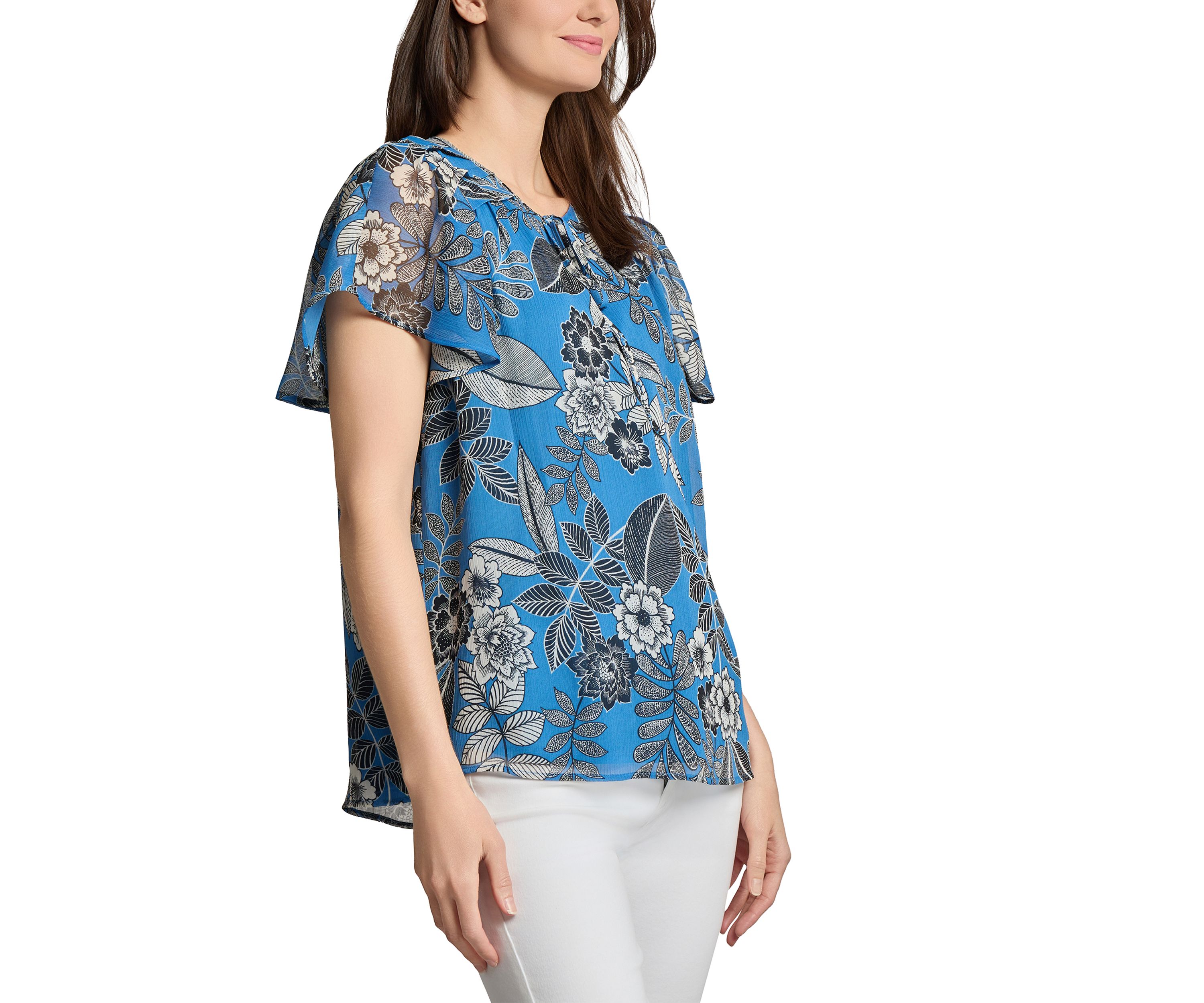 Petite Popover Shirred Neck Printed Blouse