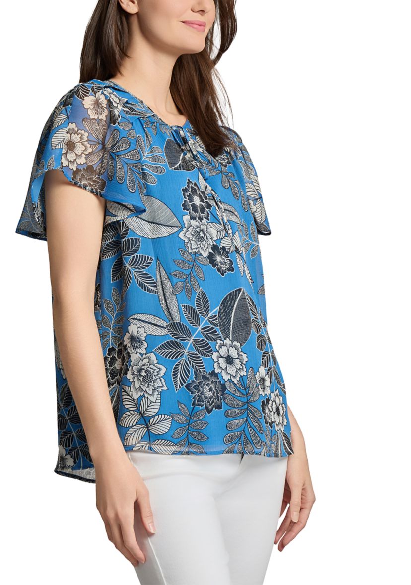 Petite Popover Shirred Neck Printed Blouse