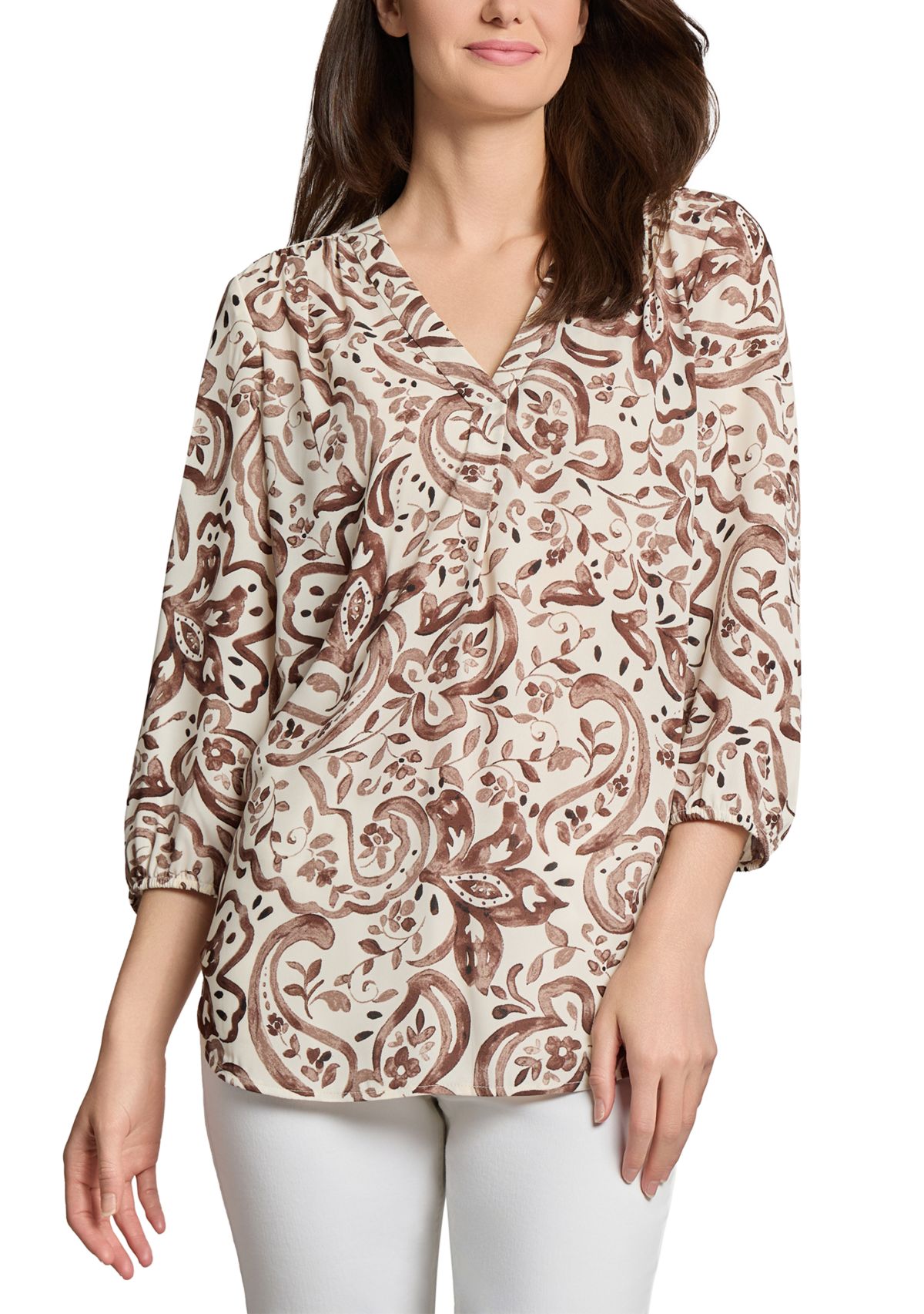 Womens 3/4 Sleeve Printed V-Neck Top