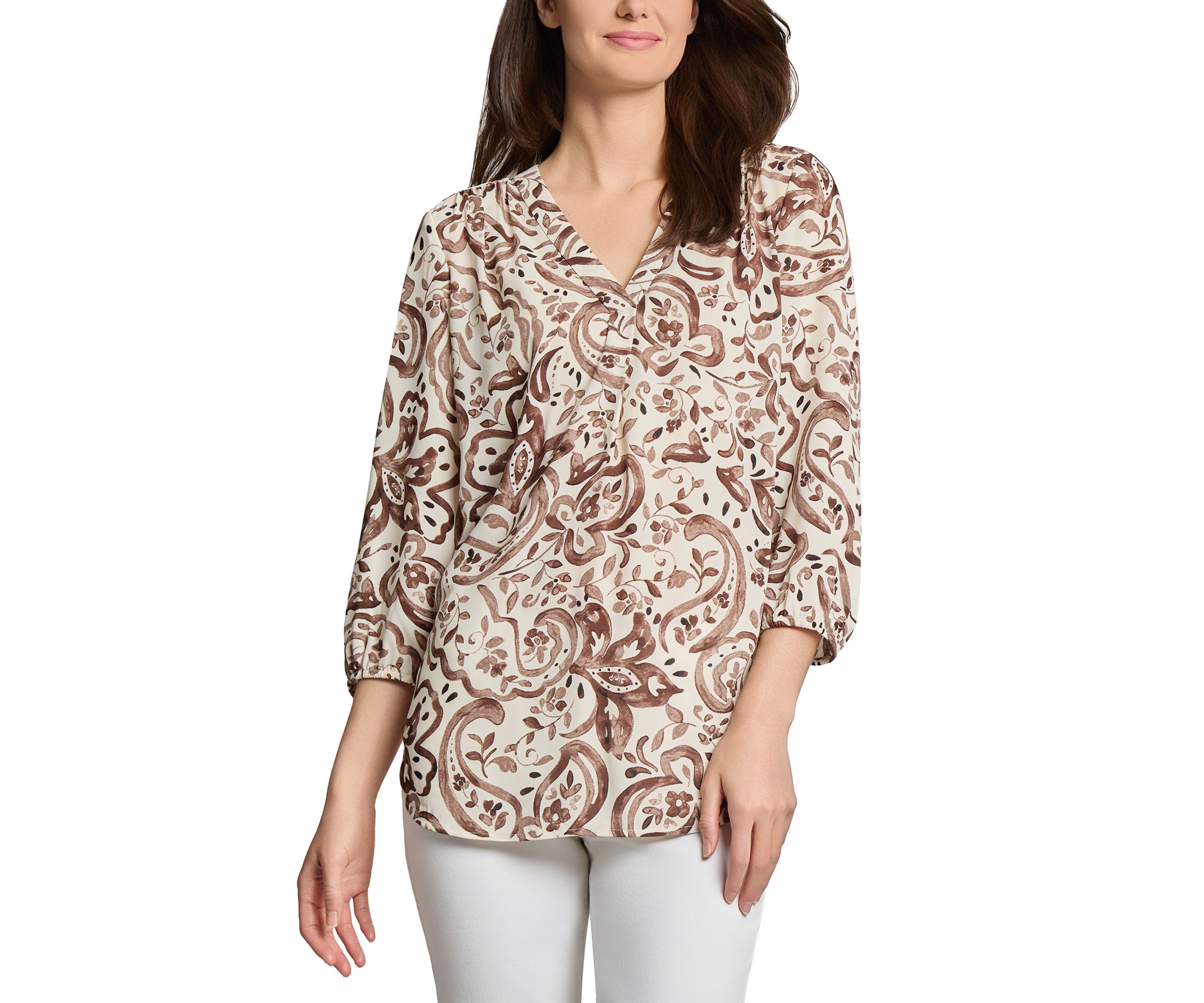 Womens 3/4 Sleeve Printed V-Neck Top