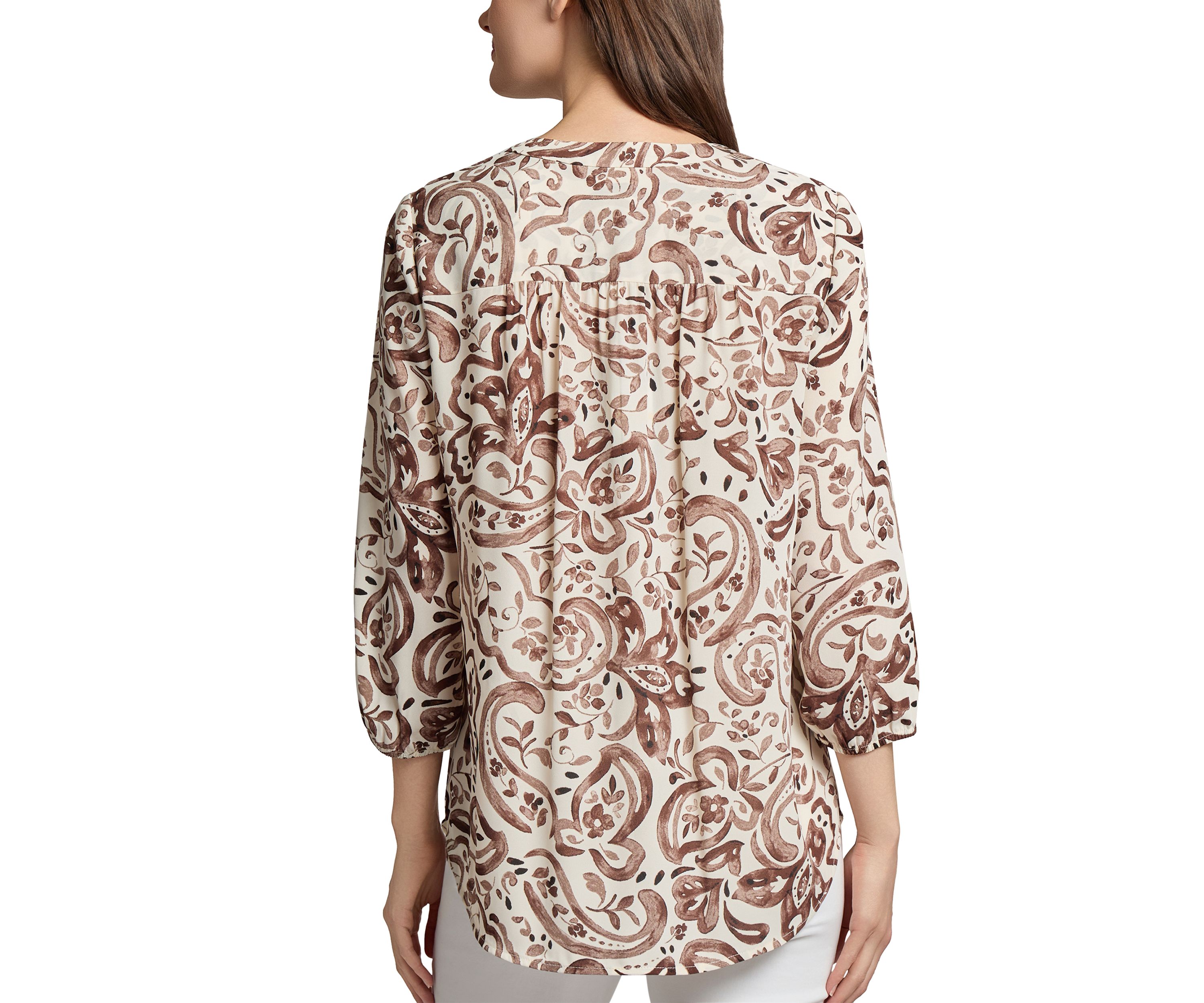Womens 3/4 Sleeve Printed V-Neck Top