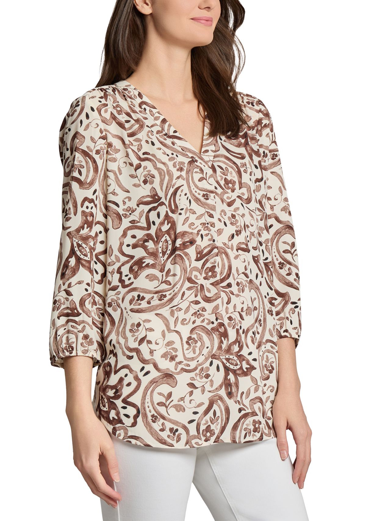 Womens 3/4 Sleeve Printed V-Neck Top