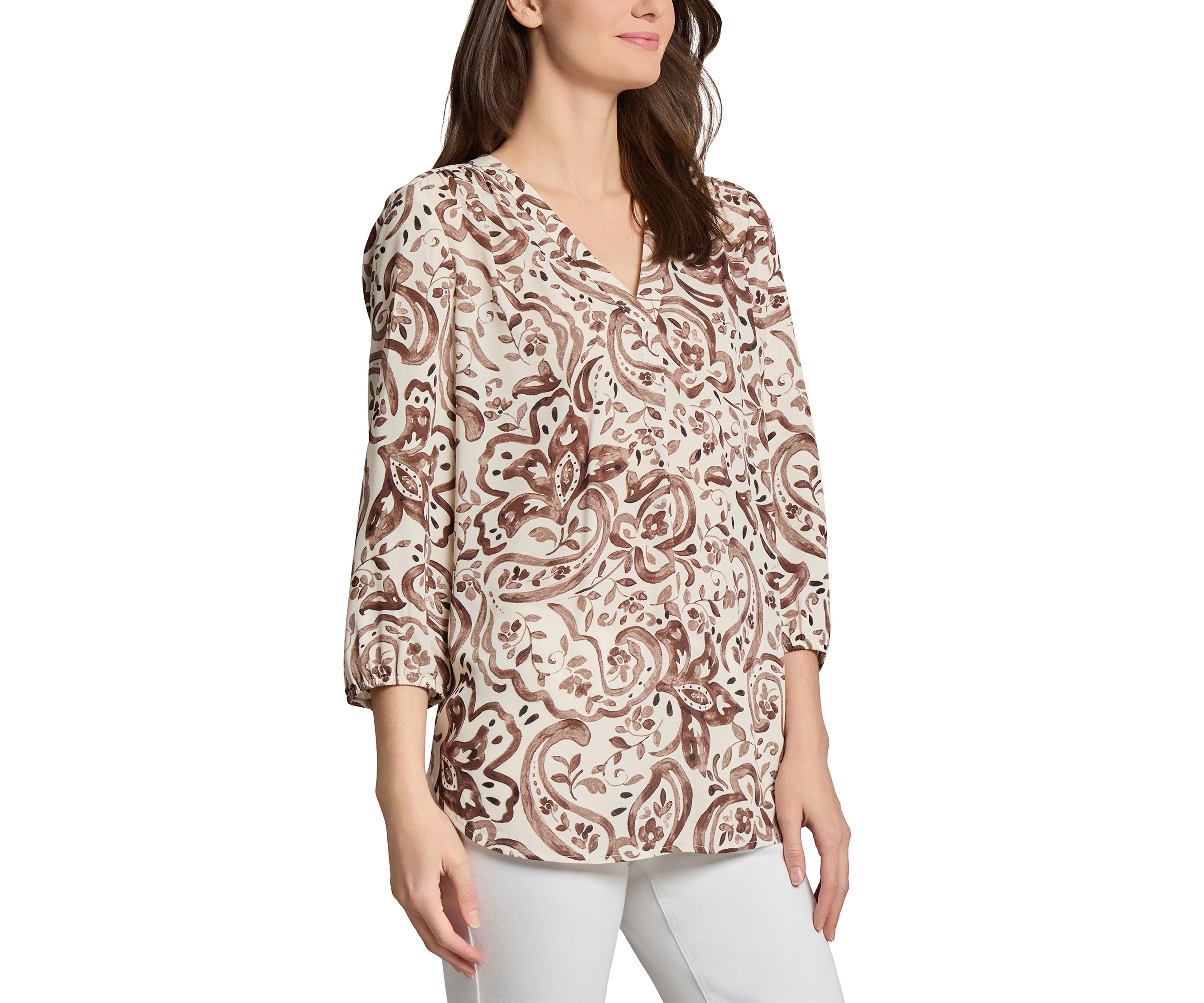 Womens 3/4 Sleeve Printed V-Neck Top
