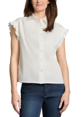 JONES NEW YORK Women's Petite Drop Shoulder Flutter Sleeve Button Front Top, White, PL
