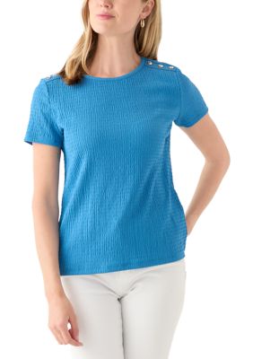 JONES NEW YORK Women's Petite Short Sleeve Placket Shoulder T-Shirt