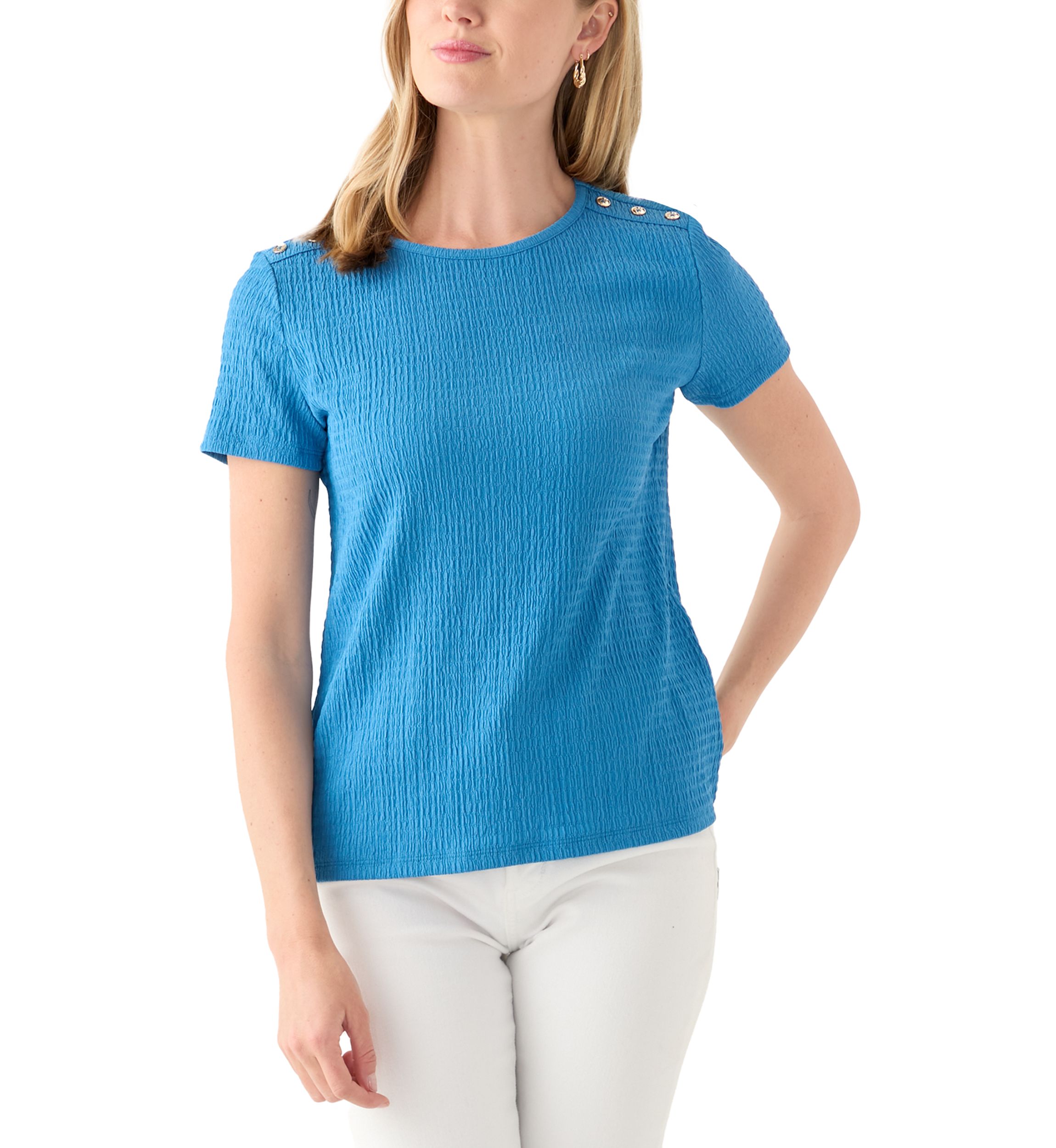 Petite Short Sleeve Placket Shoulder T-Shirt 
