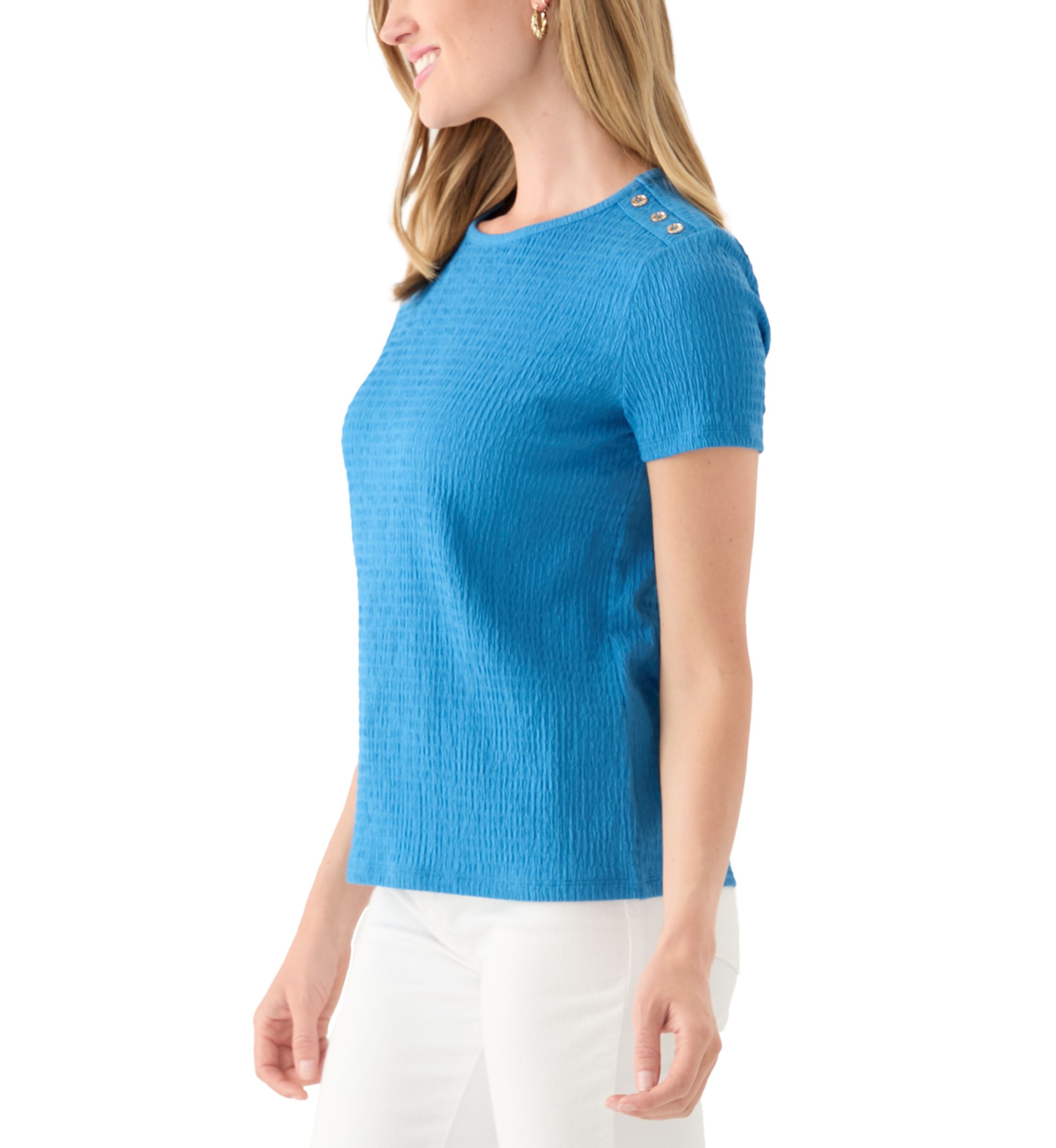 Petite Short Sleeve Placket Shoulder T-Shirt 
