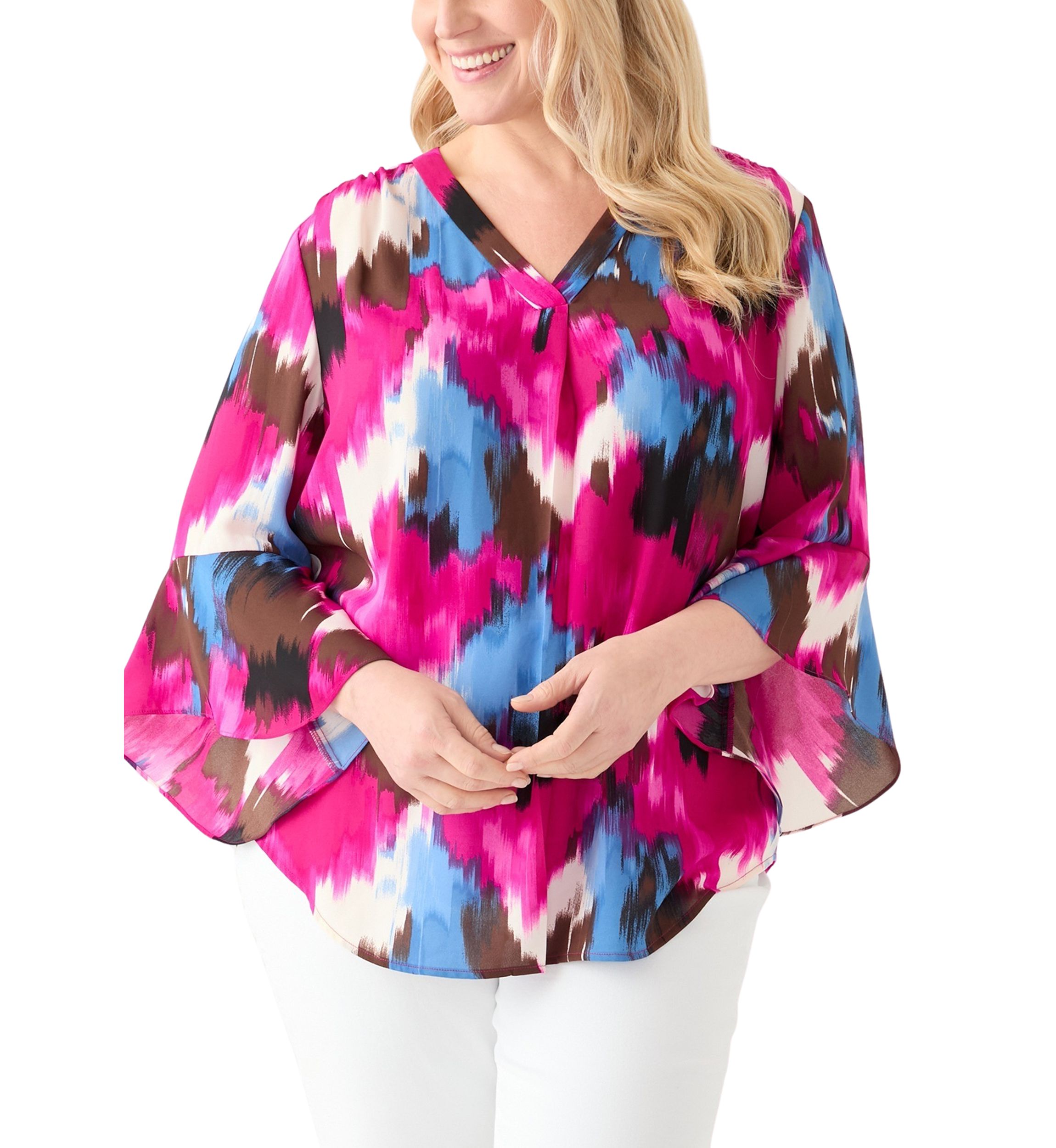 Plus Size V-Neck Pleat Front Tunic Blouse with Flare Sleeves