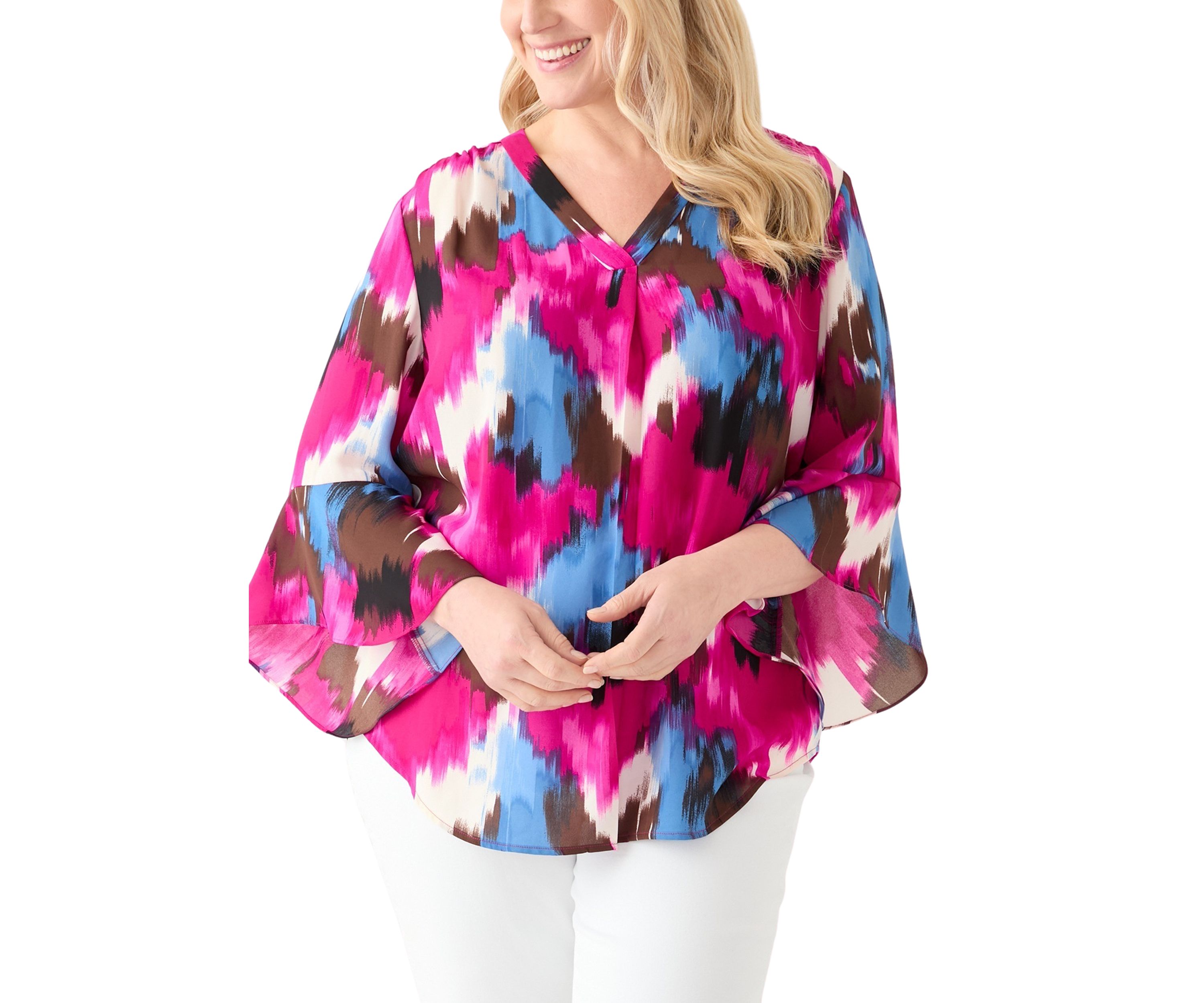 Plus Size V-Neck Pleat Front Tunic Blouse with Flare Sleeves