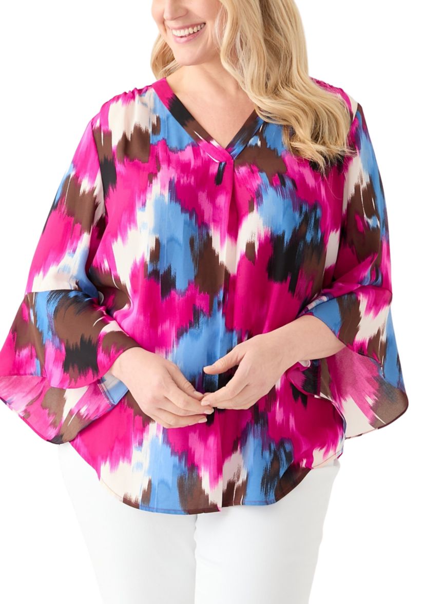 Plus Size V-Neck Pleat Front Tunic Blouse with Flare Sleeves