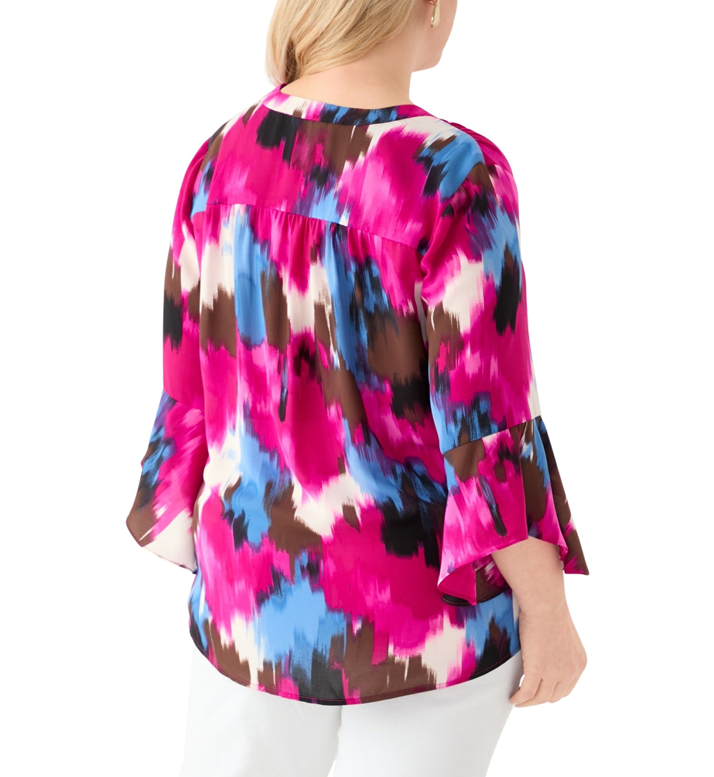 Plus Size V-Neck Pleat Front Tunic Blouse with Flare Sleeves