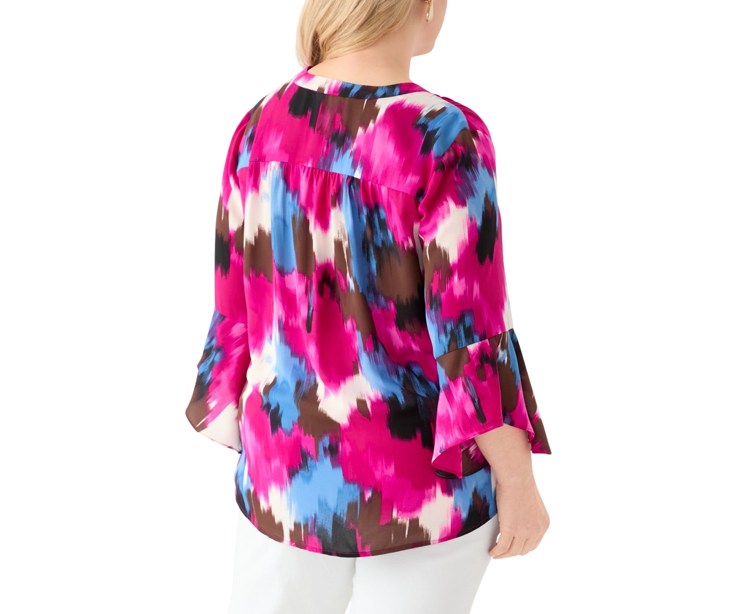 Plus Size V-Neck Pleat Front Tunic Blouse with Flare Sleeves
