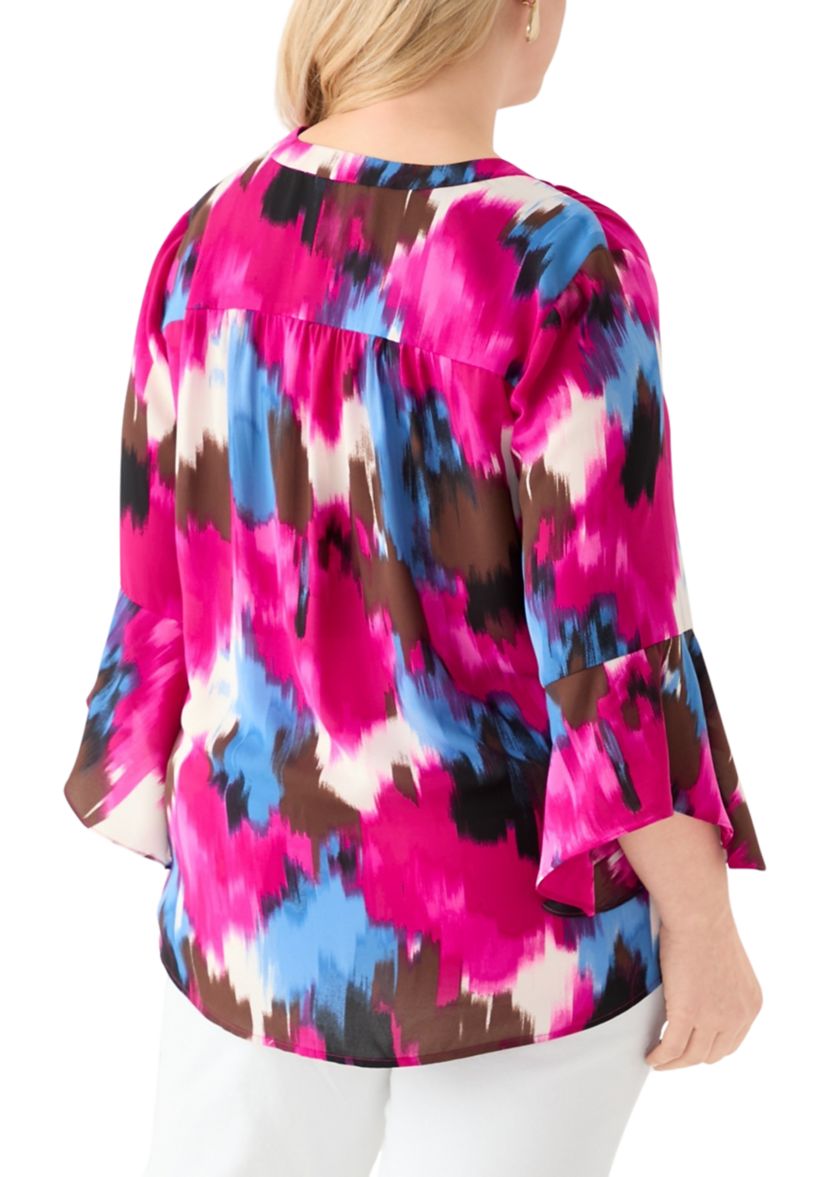 Plus Size V-Neck Pleat Front Tunic Blouse with Flare Sleeves