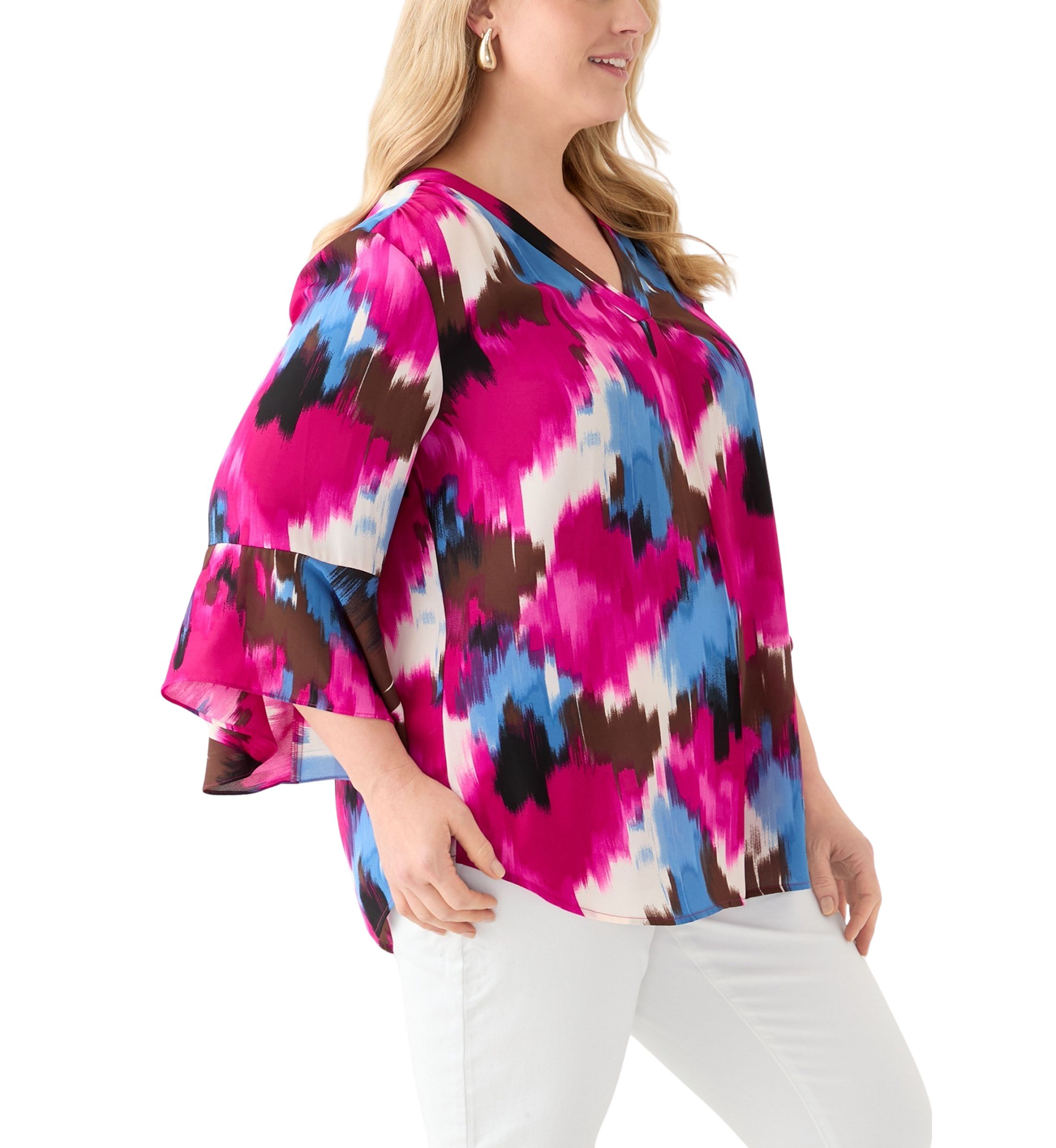 Plus Size V-Neck Pleat Front Tunic Blouse with Flare Sleeves