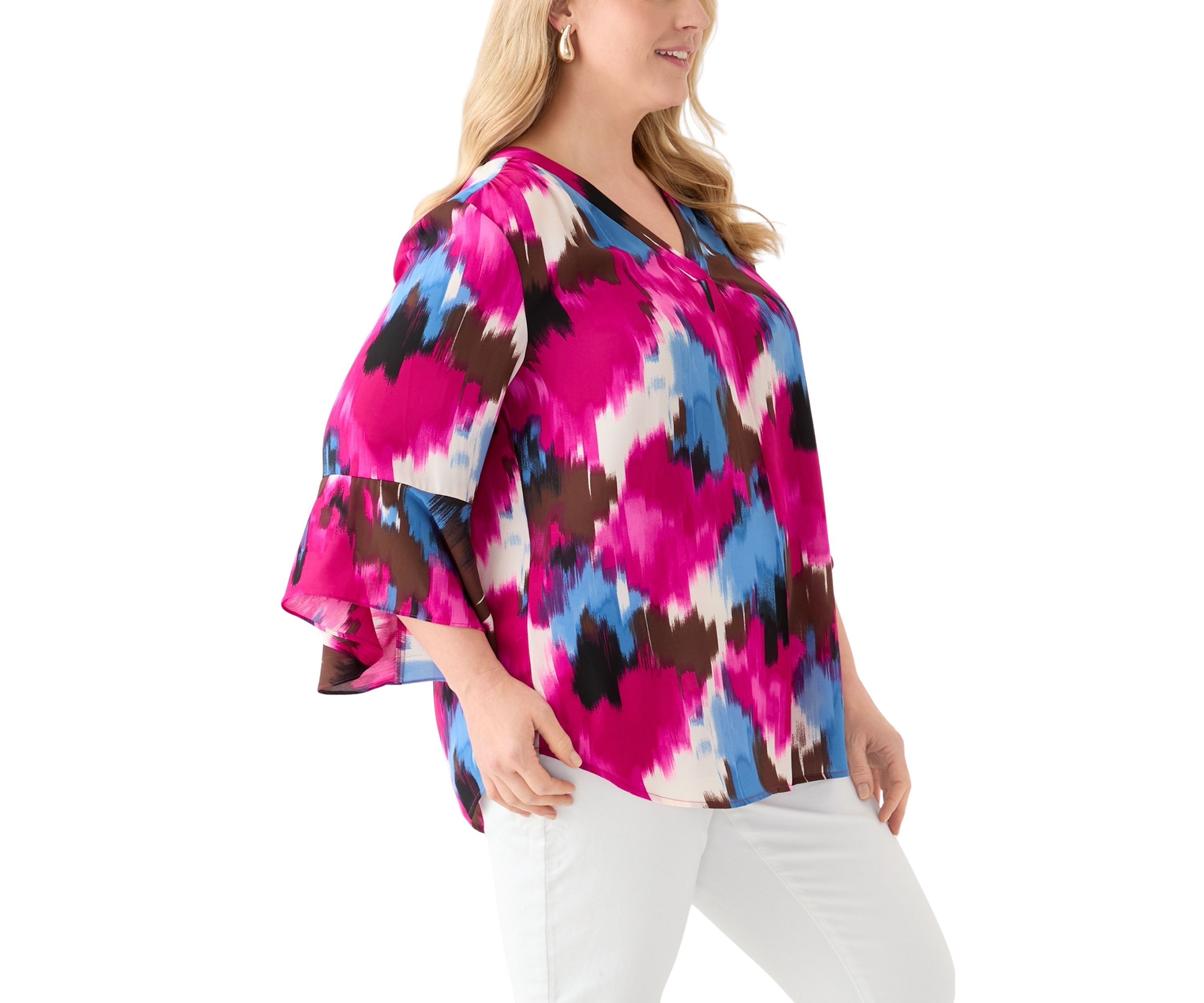 Plus Size V-Neck Pleat Front Tunic Blouse with Flare Sleeves