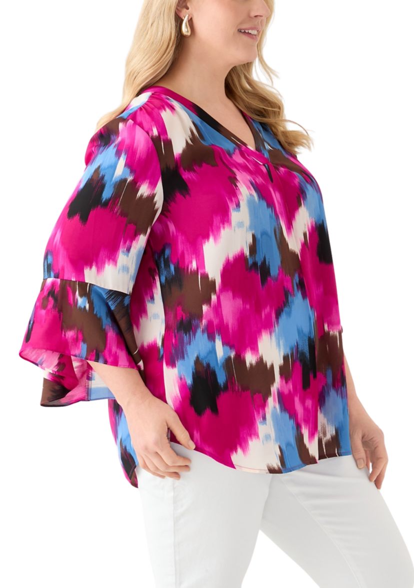 Plus Size V-Neck Pleat Front Tunic Blouse with Flare Sleeves