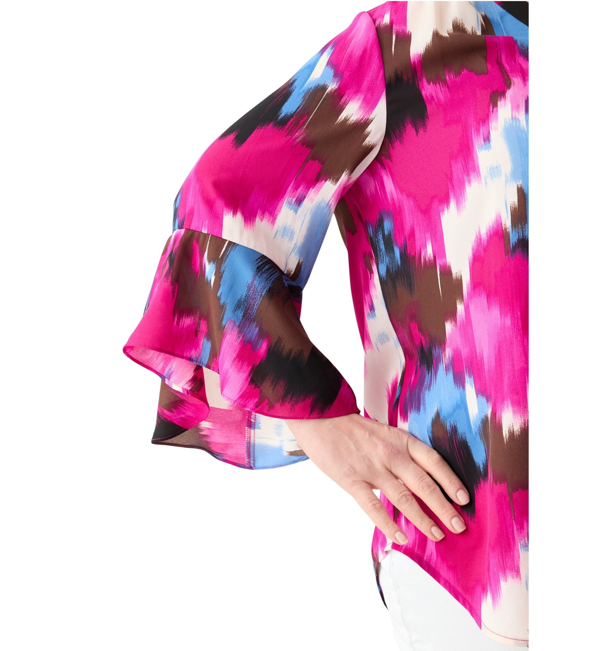 Plus Size V-Neck Pleat Front Tunic Blouse with Flare Sleeves