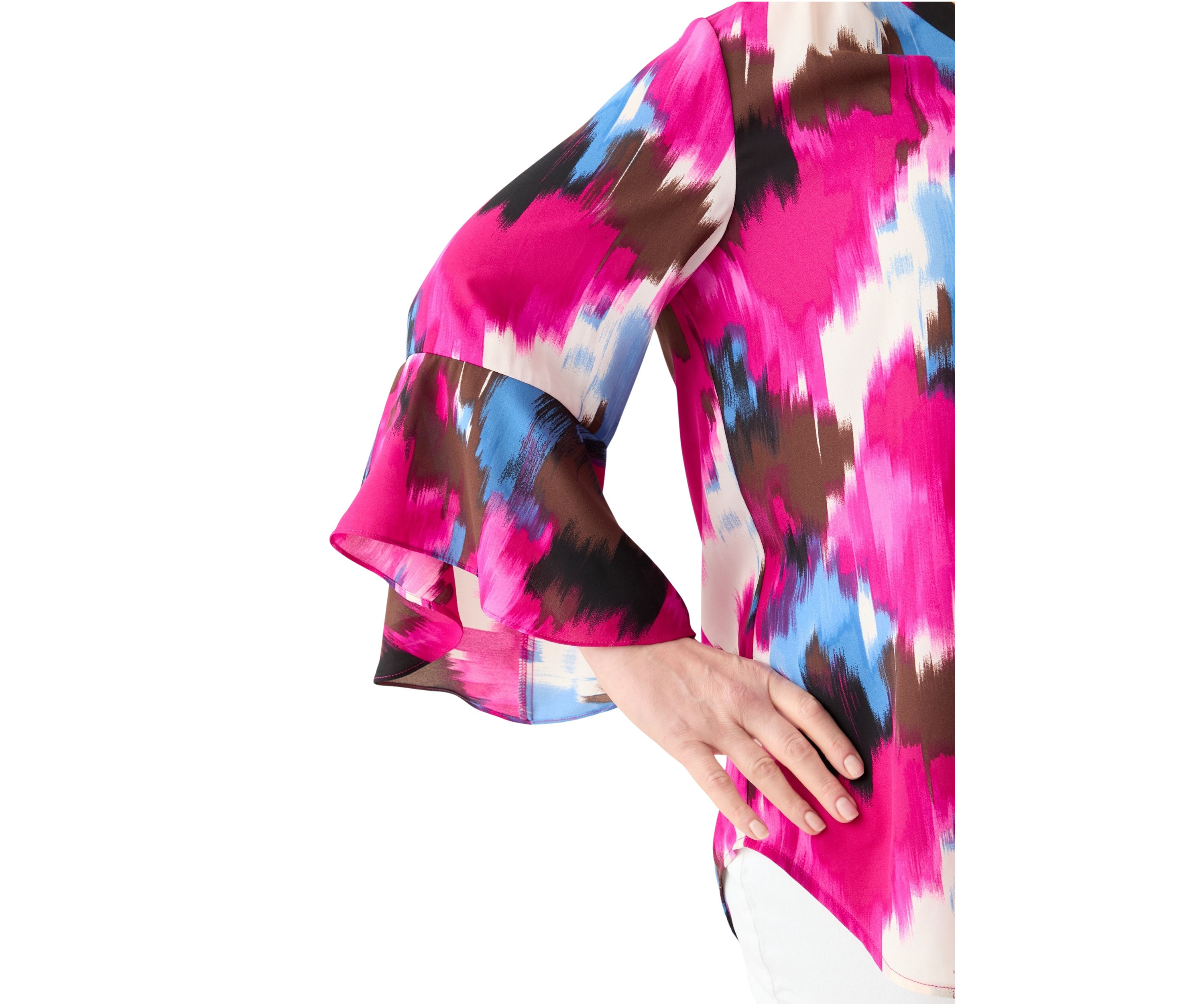 Plus Size V-Neck Pleat Front Tunic Blouse with Flare Sleeves