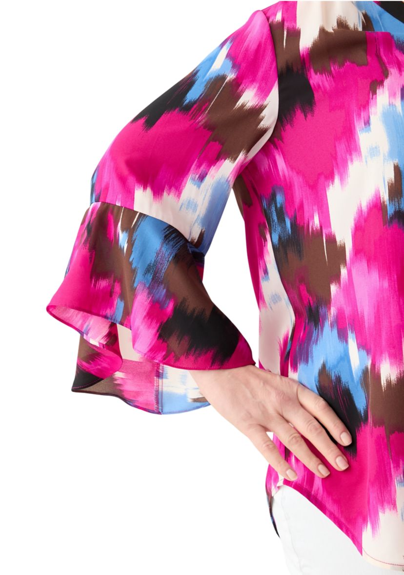 Plus Size V-Neck Pleat Front Tunic Blouse with Flare Sleeves