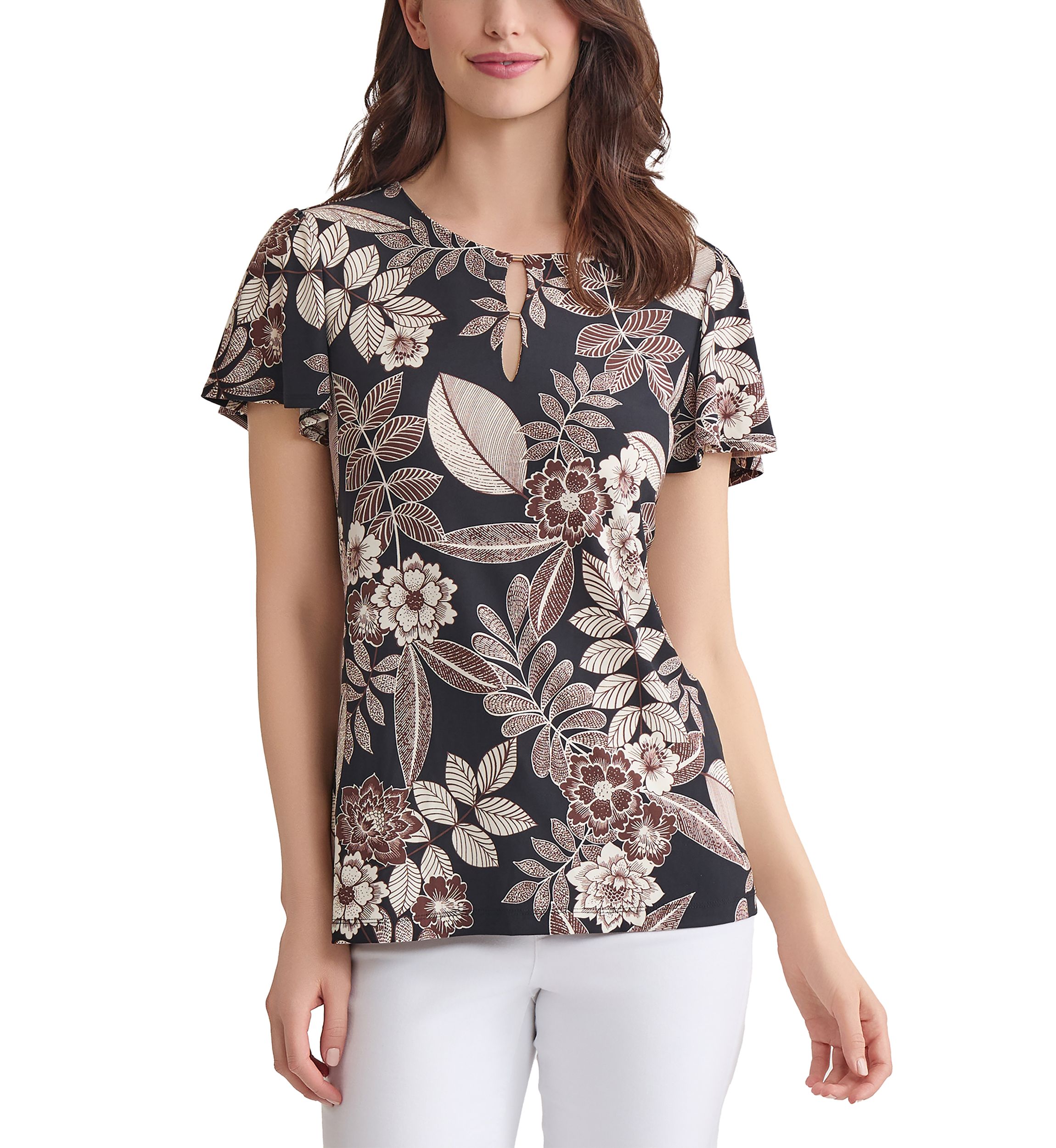 Petite Printed Flutter Sleeve Double Trim Top