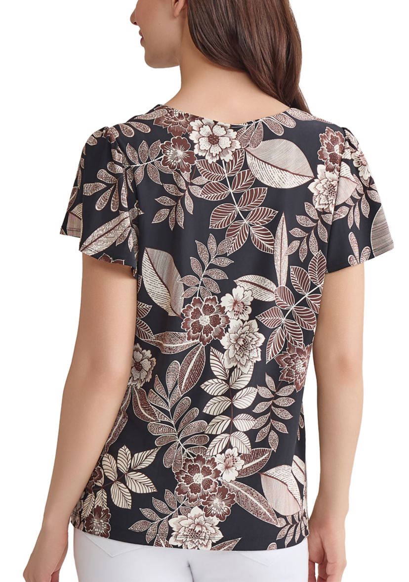 Petite Printed Flutter Sleeve Double Trim Top