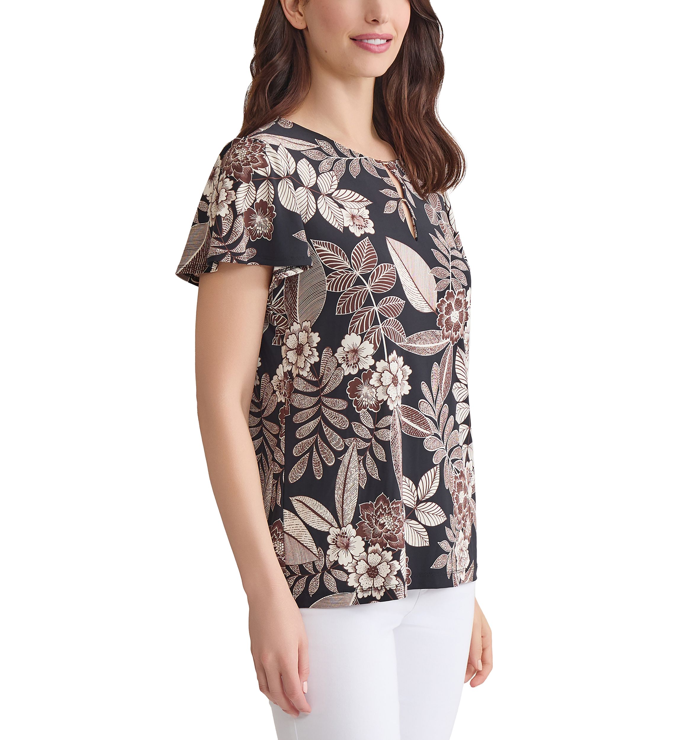 Petite Printed Flutter Sleeve Double Trim Top