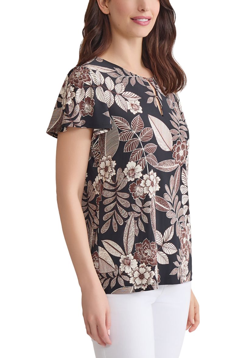 Petite Printed Flutter Sleeve Double Trim Top