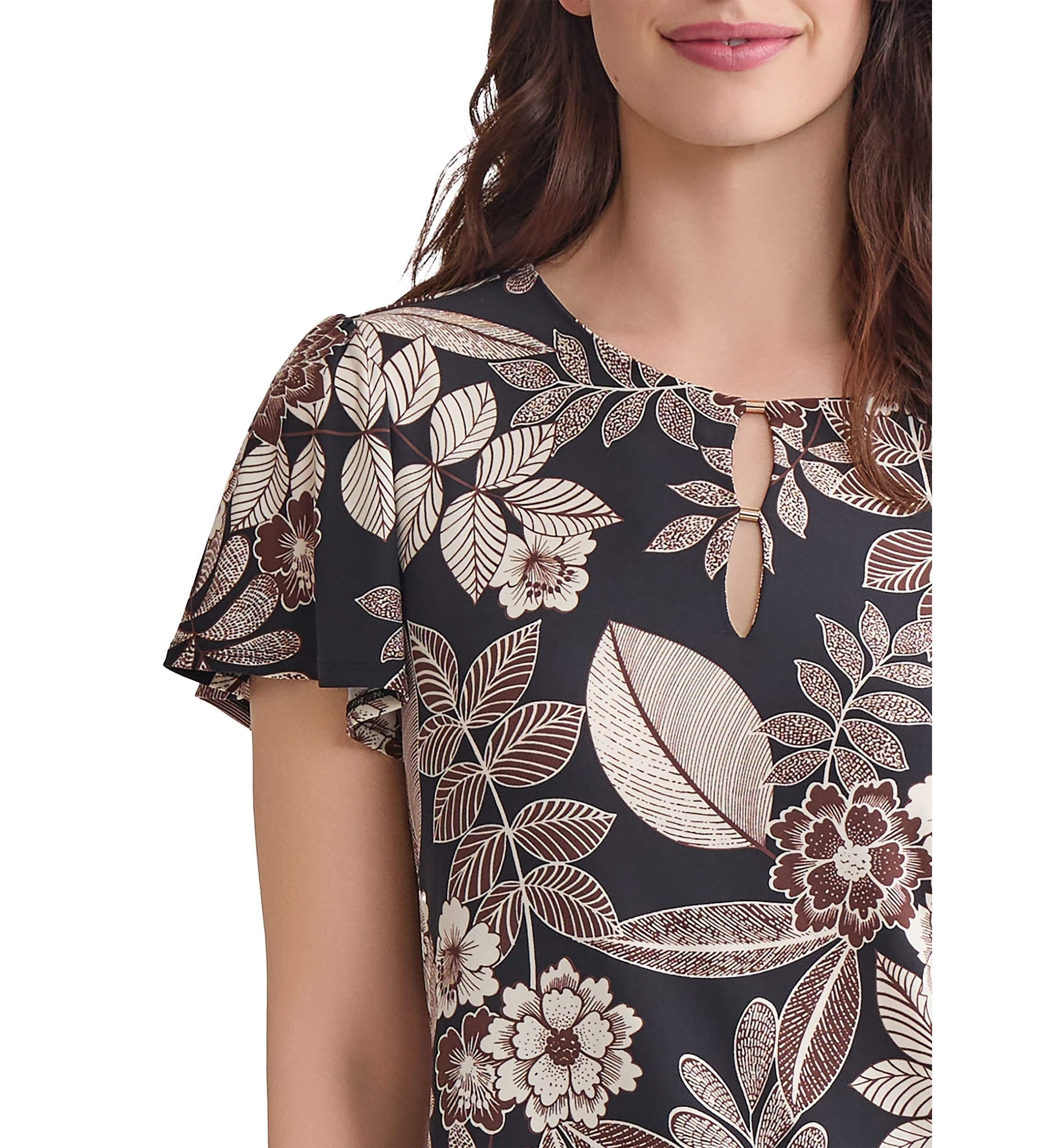 Petite Printed Flutter Sleeve Double Trim Top