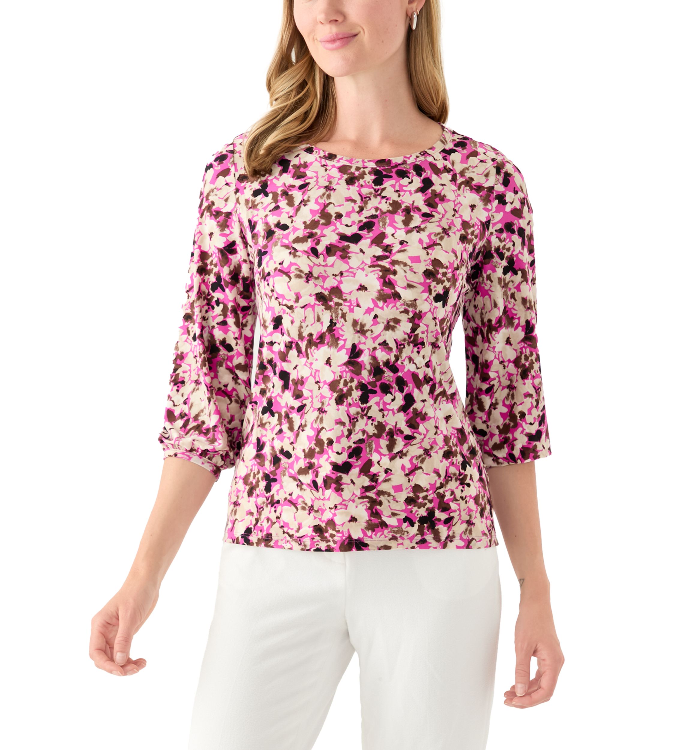 Petite Printed Moss Crepe Crew Neck Top with 3/4 Puff Sleeves