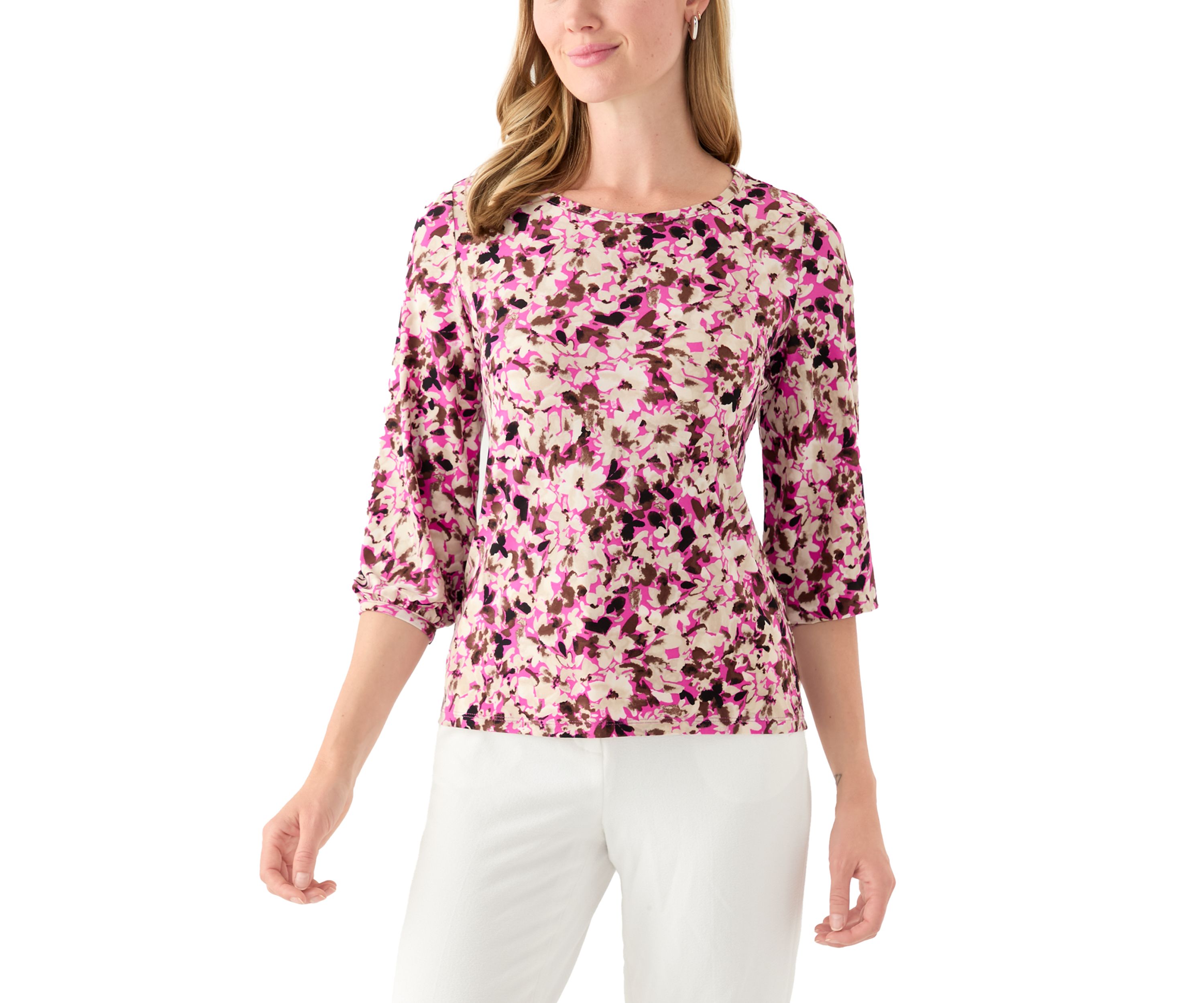 Petite Printed Moss Crepe Crew Neck Top with 3/4 Puff Sleeves